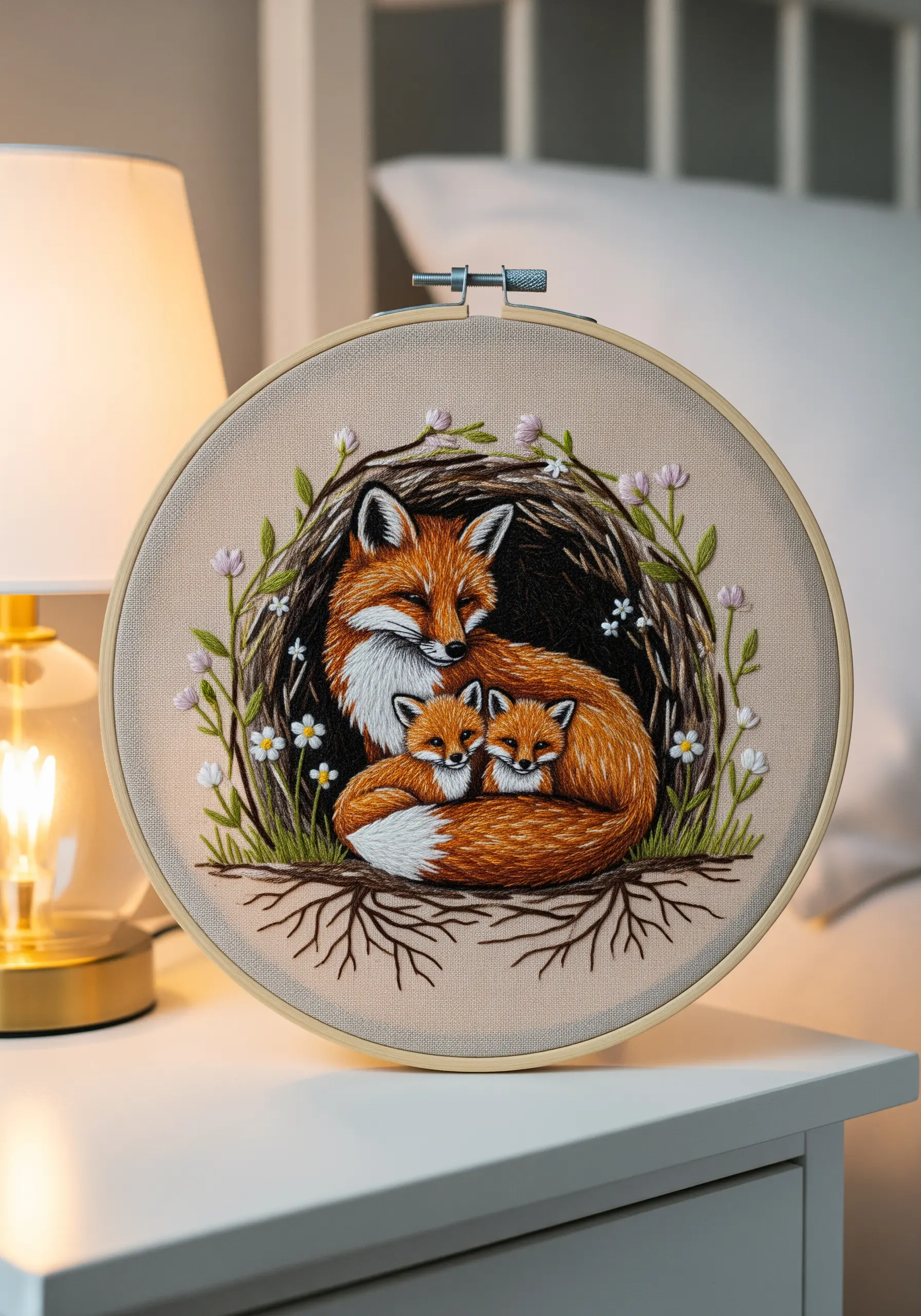 Embroidered fox mother and cubs sleeping in a cozy den