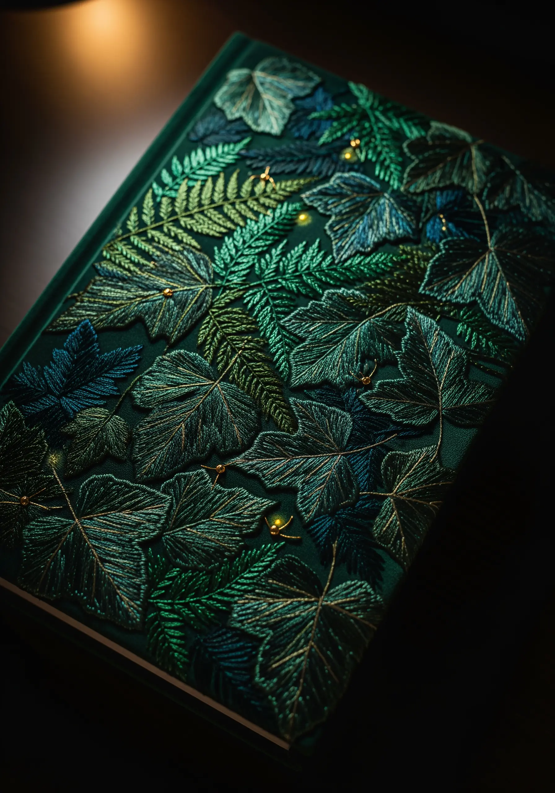 A dense, multi-layered embroidery of dark green and blue leaves on a journal cover.