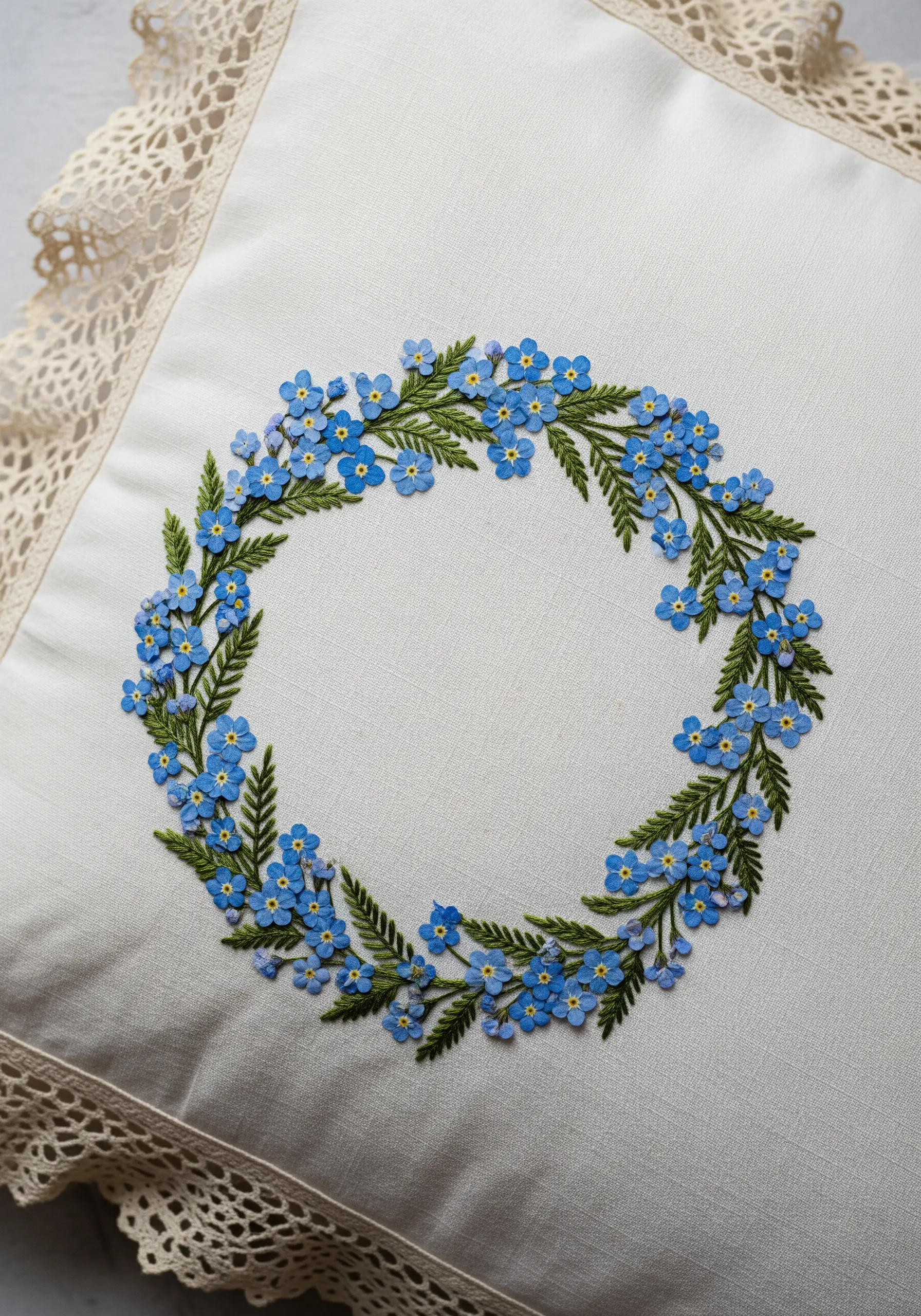 A dense, circular wreath of blue forget-me-not flowers embroidered on a white pillow cover.
