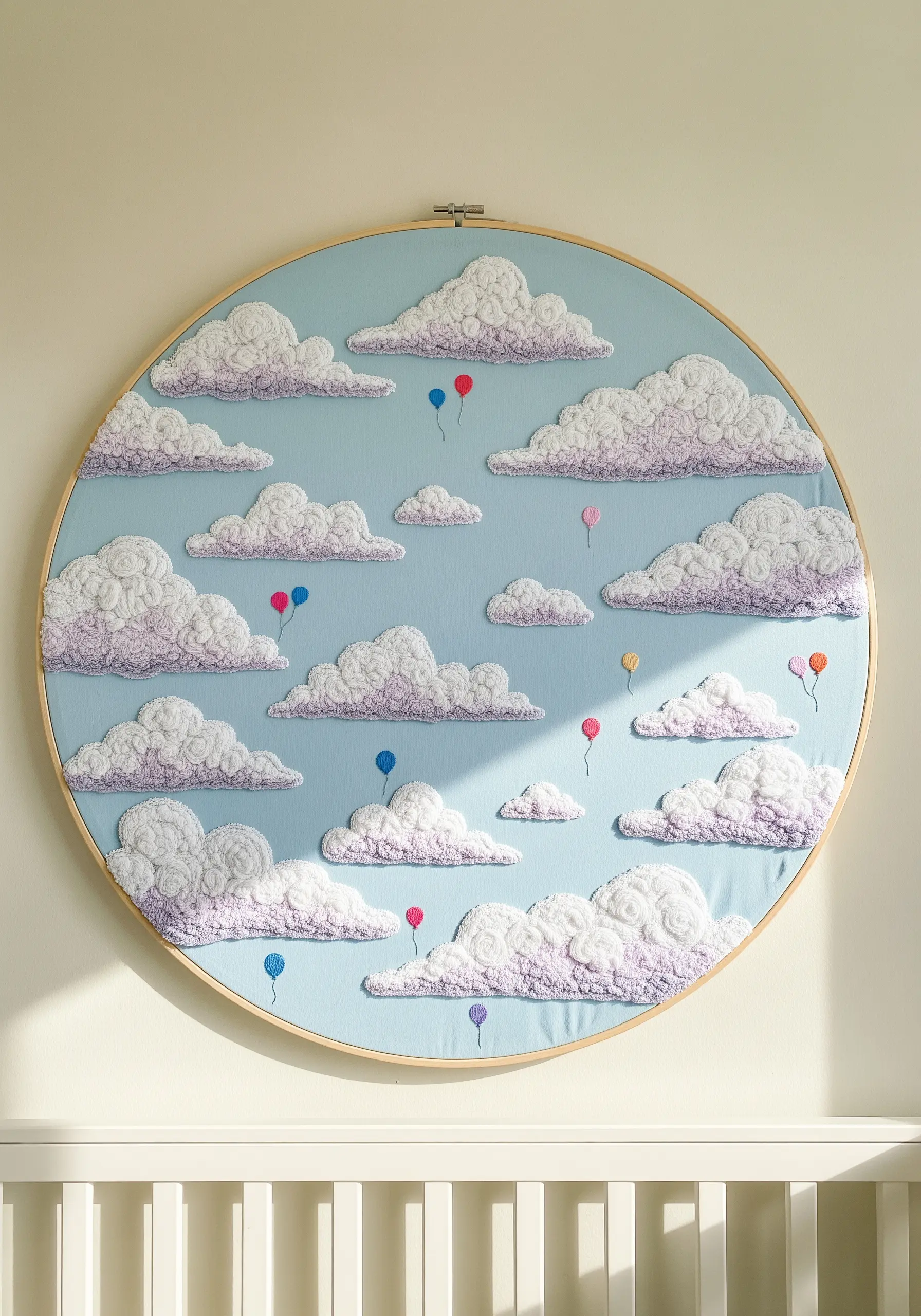 Large embroidery hoop with a sky full of clouds made from dense French knots.