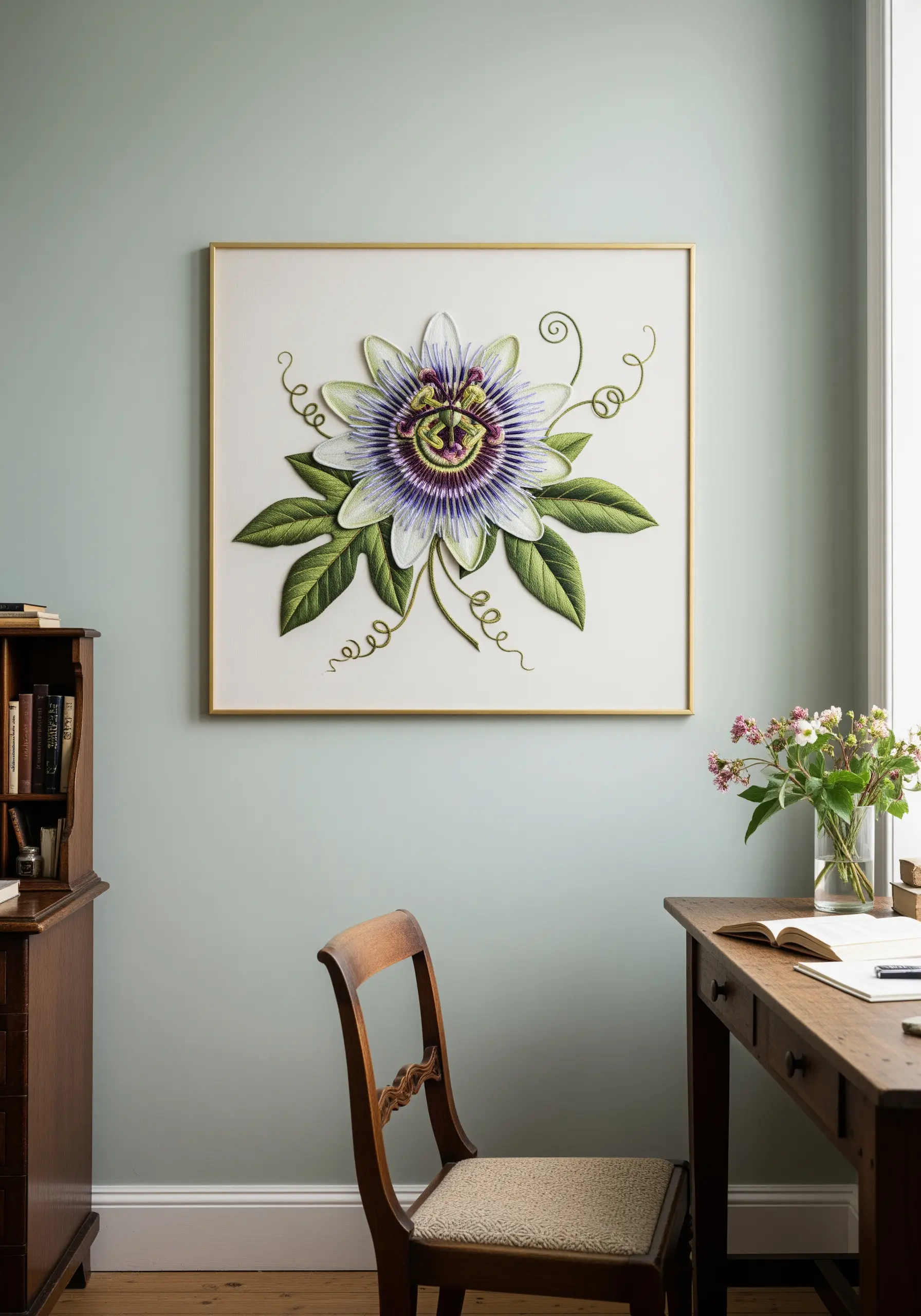 A three-dimensional stumpwork embroidery of a passion flower with raised petals.