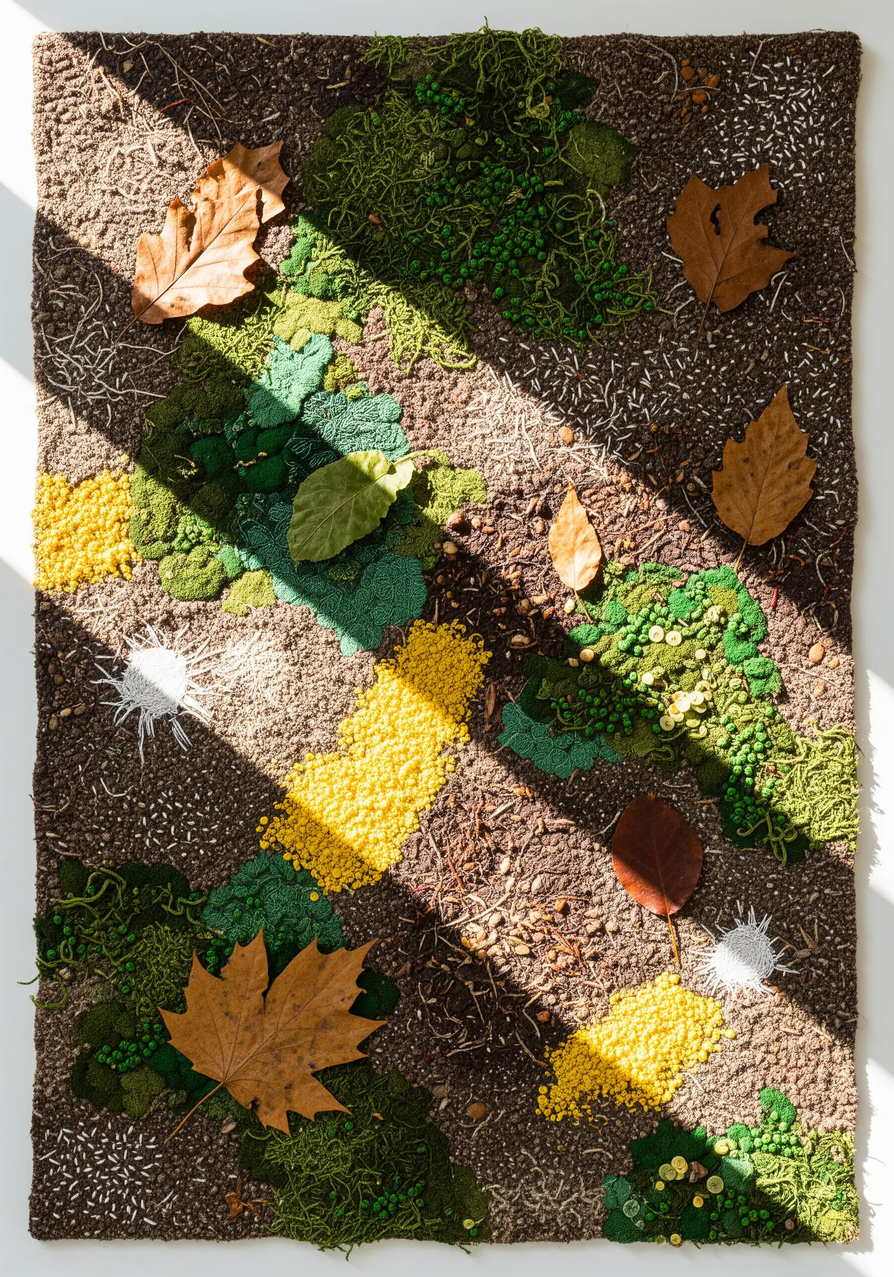 A mixed-media textile piece showing a forest floor with varied embroidery textures and real leaves.