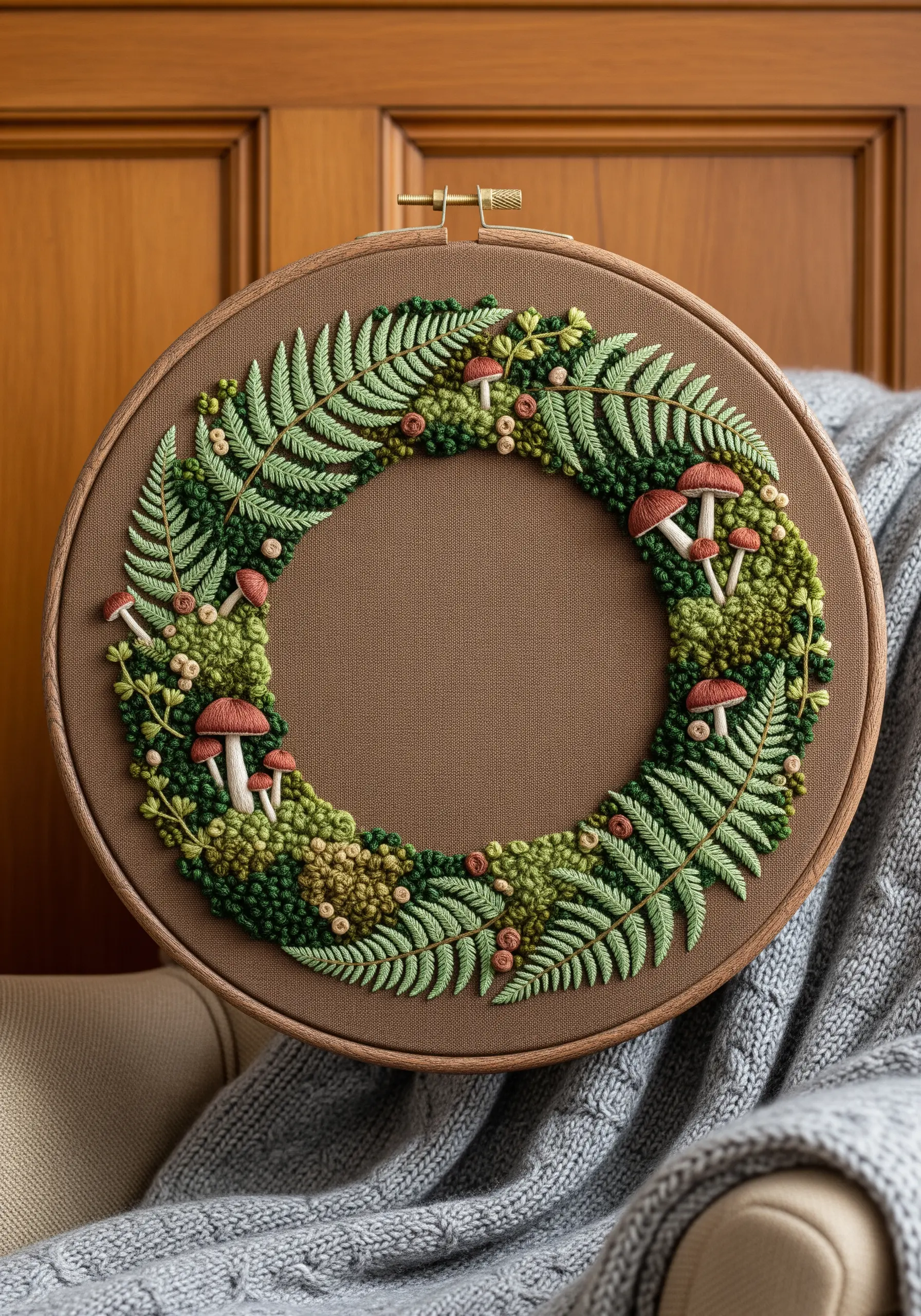 A highly textured embroidery wreath of ferns, moss, and mushrooms on brown fabric.