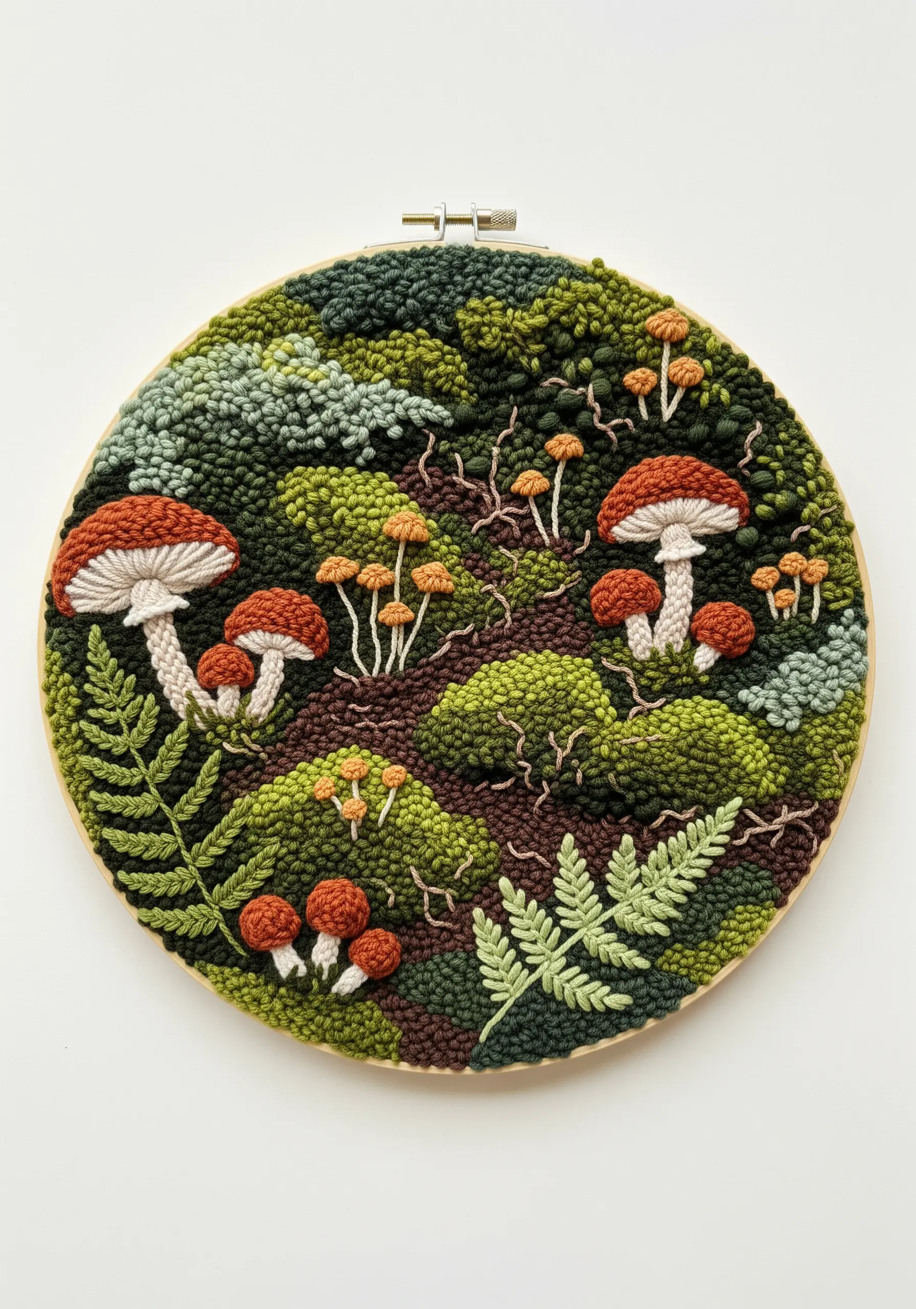 Detailed punch needle hoop art of a mossy forest floor with red-capped mushrooms.