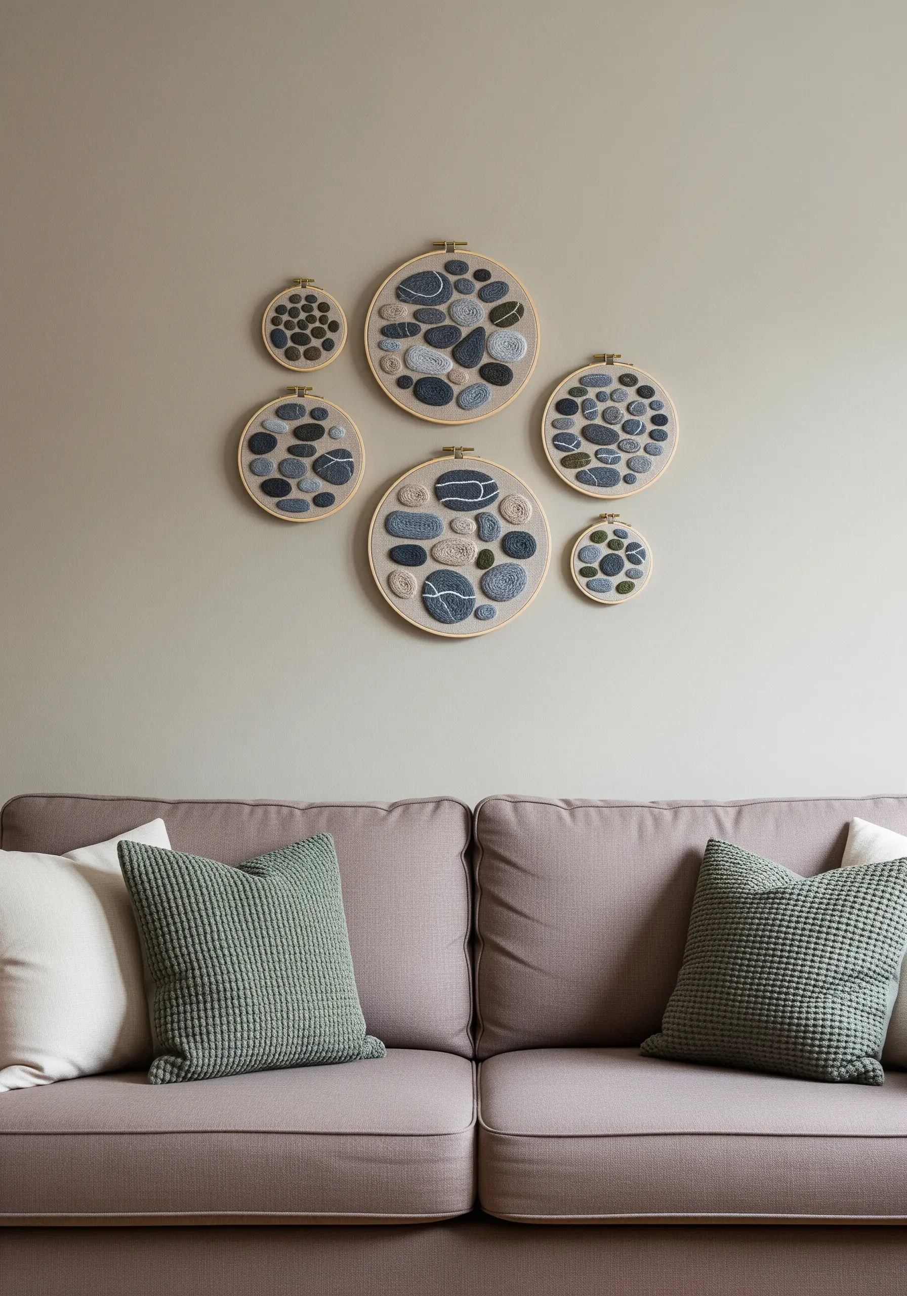A gallery wall of embroidery hoops filled with textural stitches that resemble river stones.