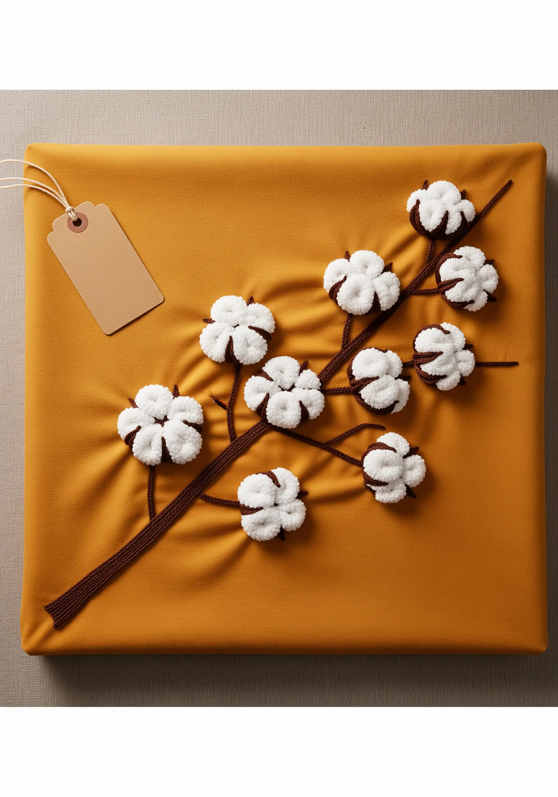 A dimensional branch with fluffy white embroidered cotton bolls on mustard yellow fabric.