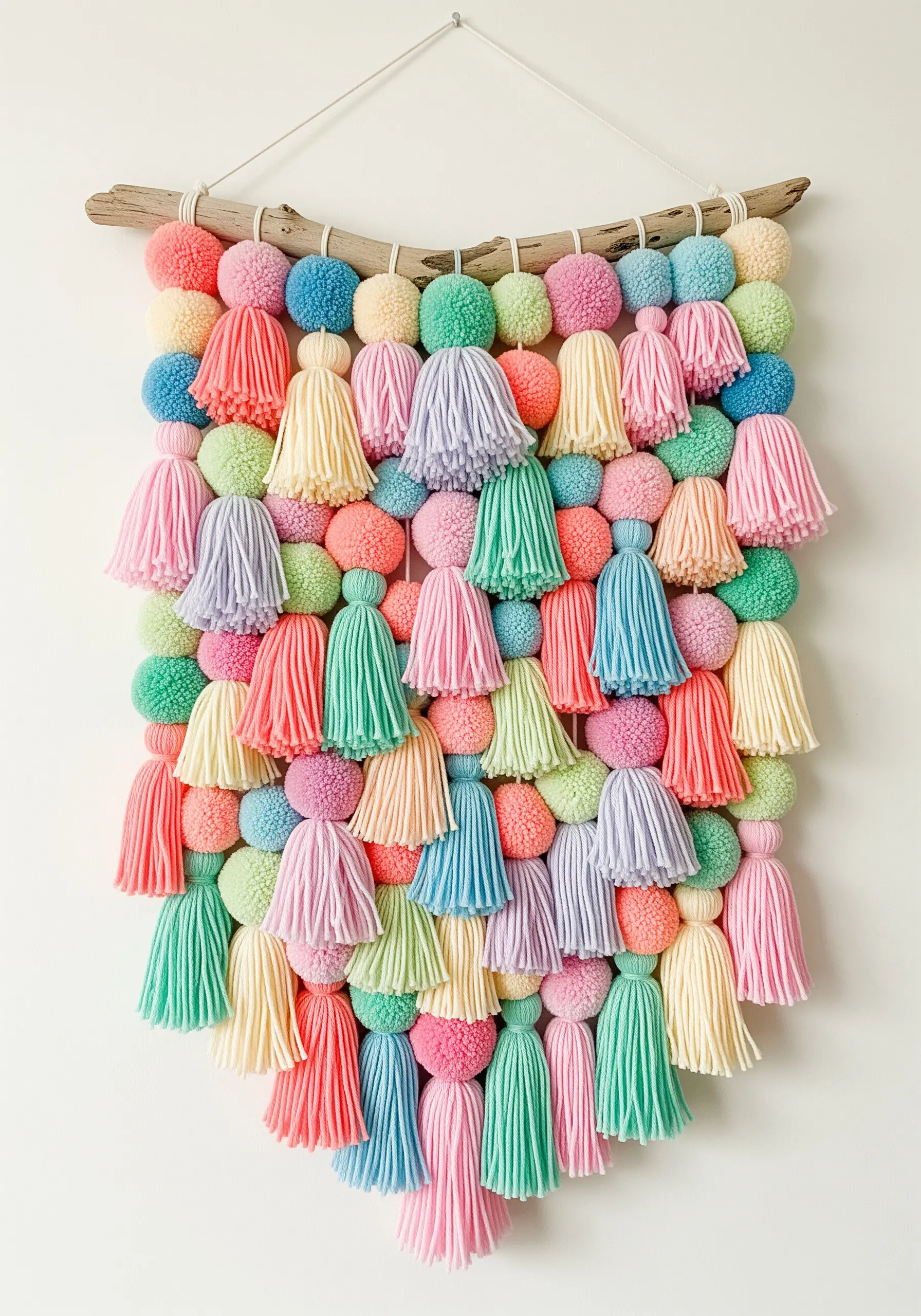 A colorful wall hanging made of pastel-colored pom-poms and tassels attached to a piece of driftwood.