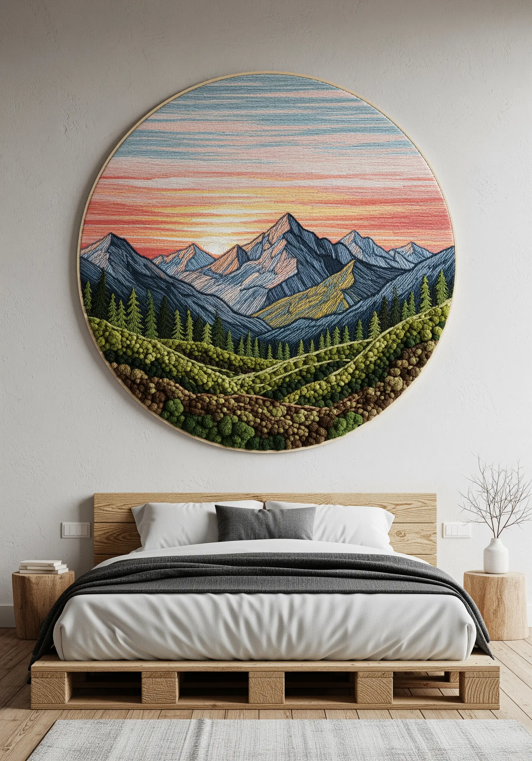 A large, round embroidered landscape with textural foreground and smooth background mountains.
