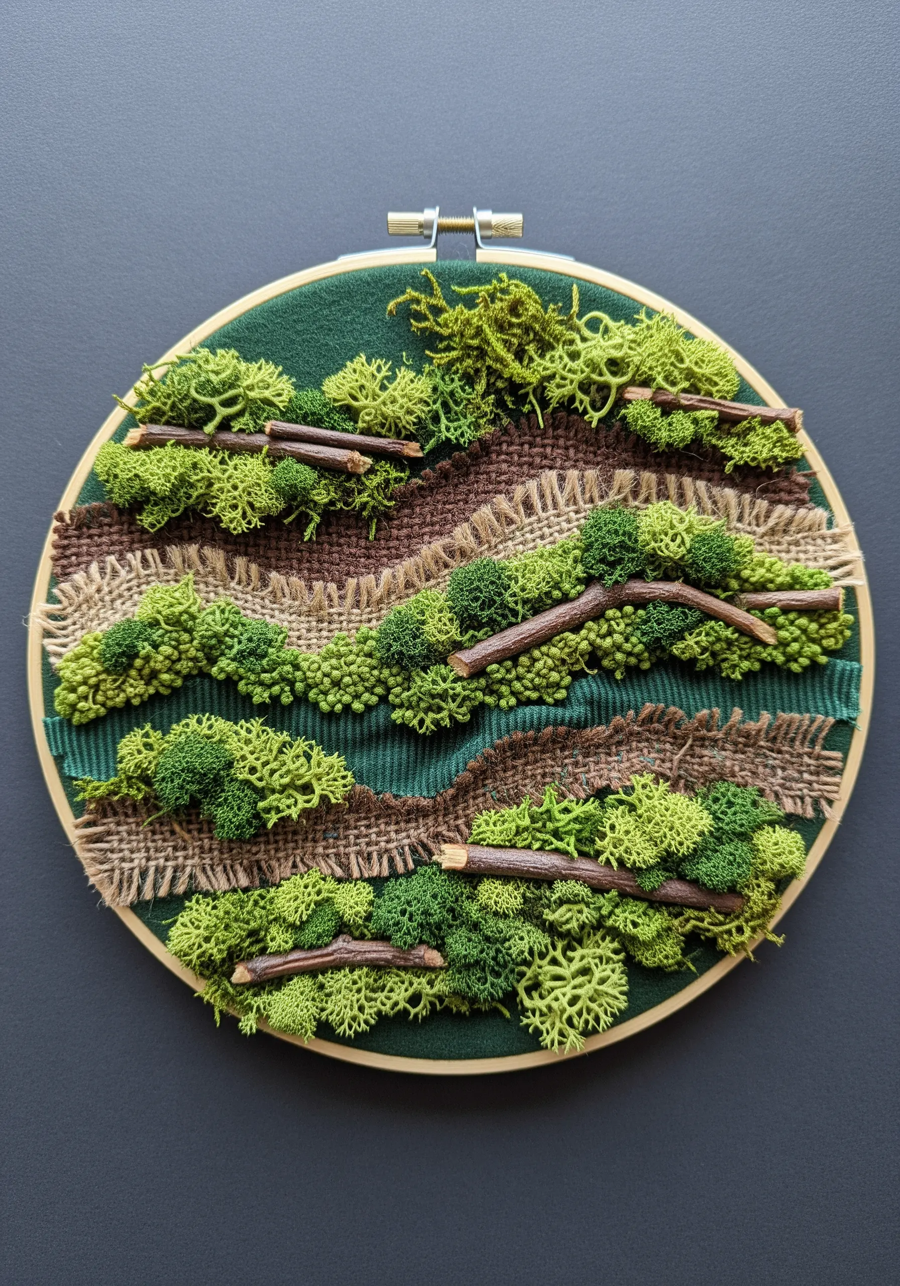 Textural landscape embroidery combining burlap, fabric, preserved moss, and small twigs.