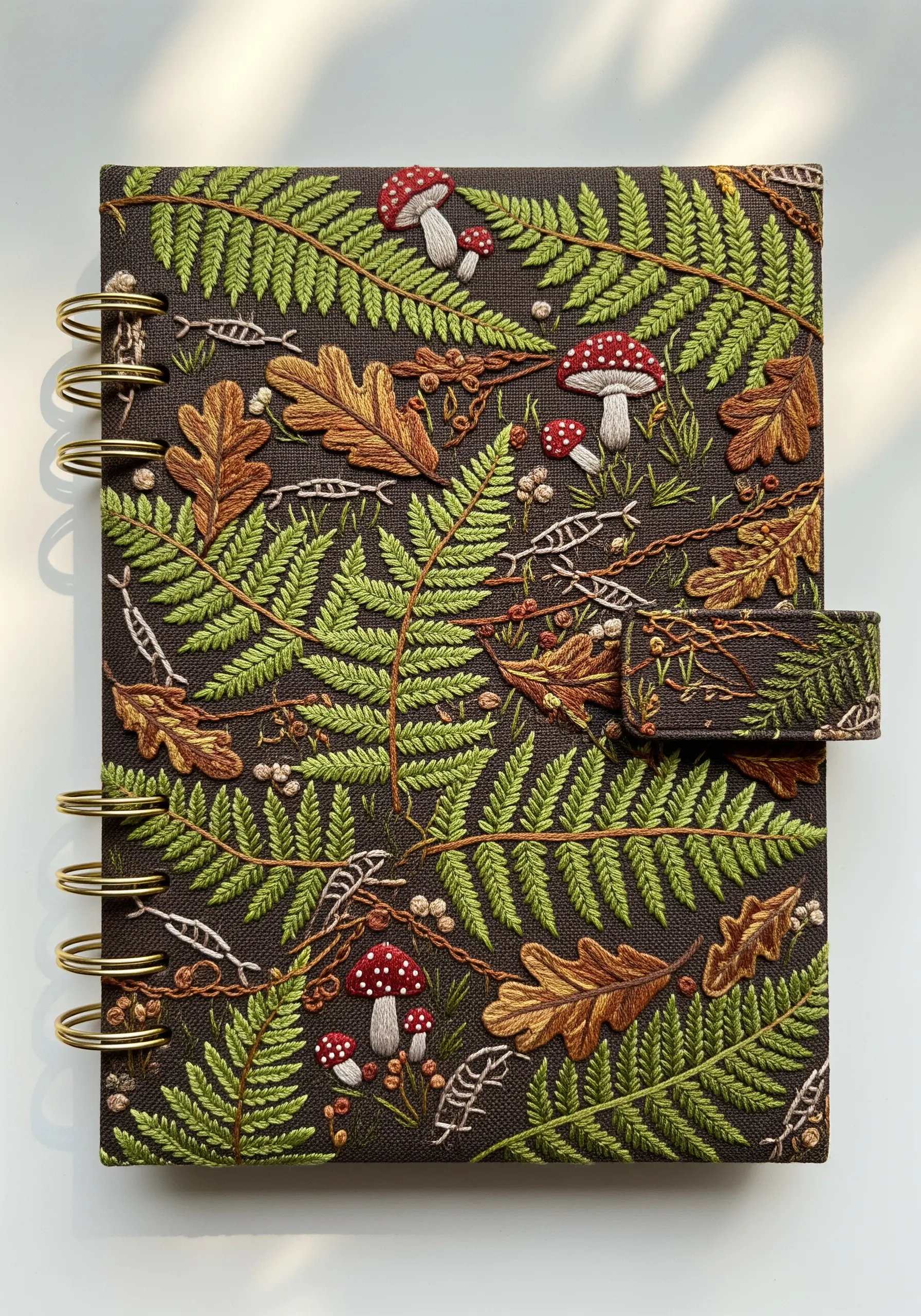 A dense pattern of embroidered ferns, oak leaves, and mushrooms on a dark journal cover.