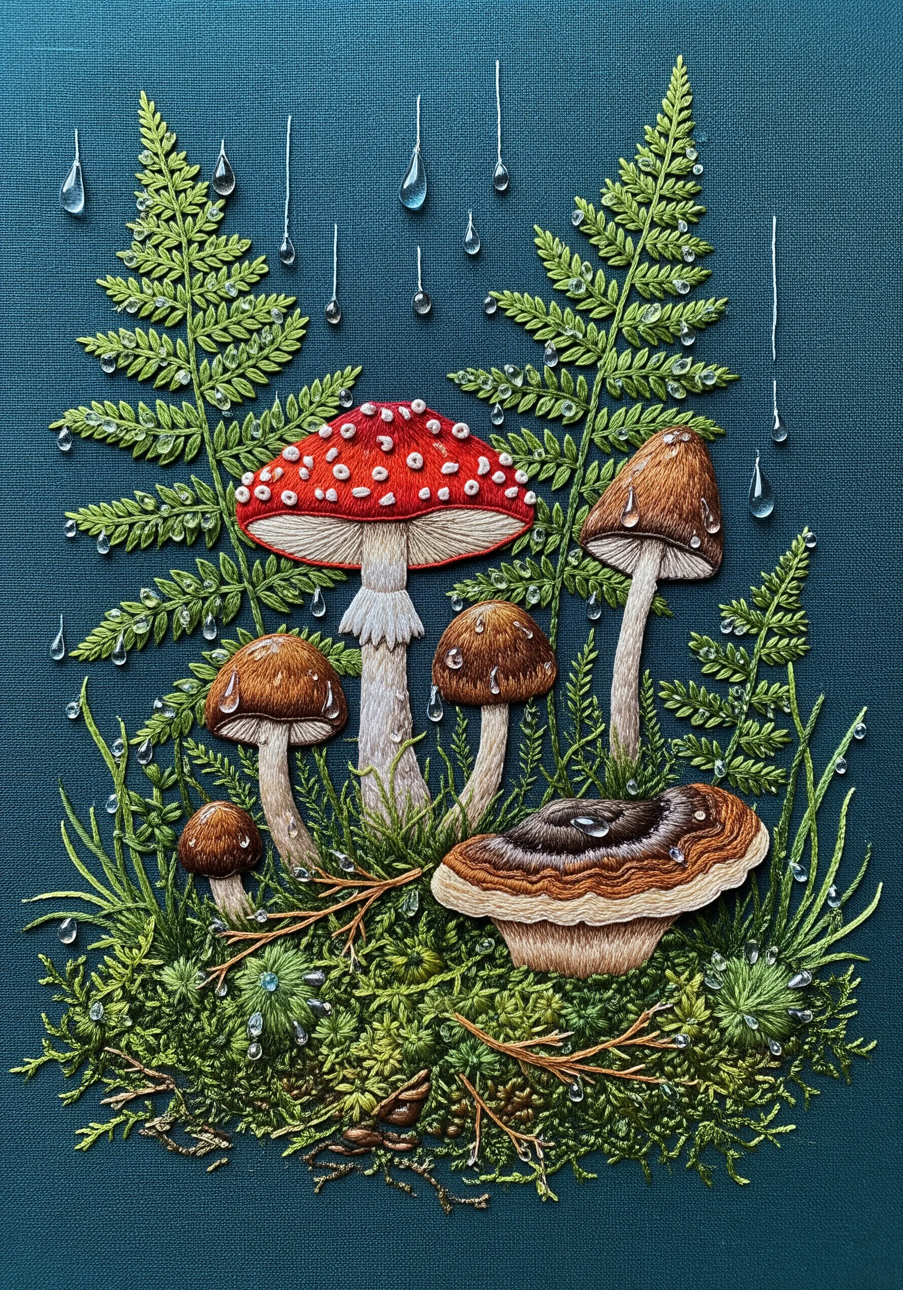 Dense embroidered forest scene with mushrooms, ferns, and beaded raindrops.