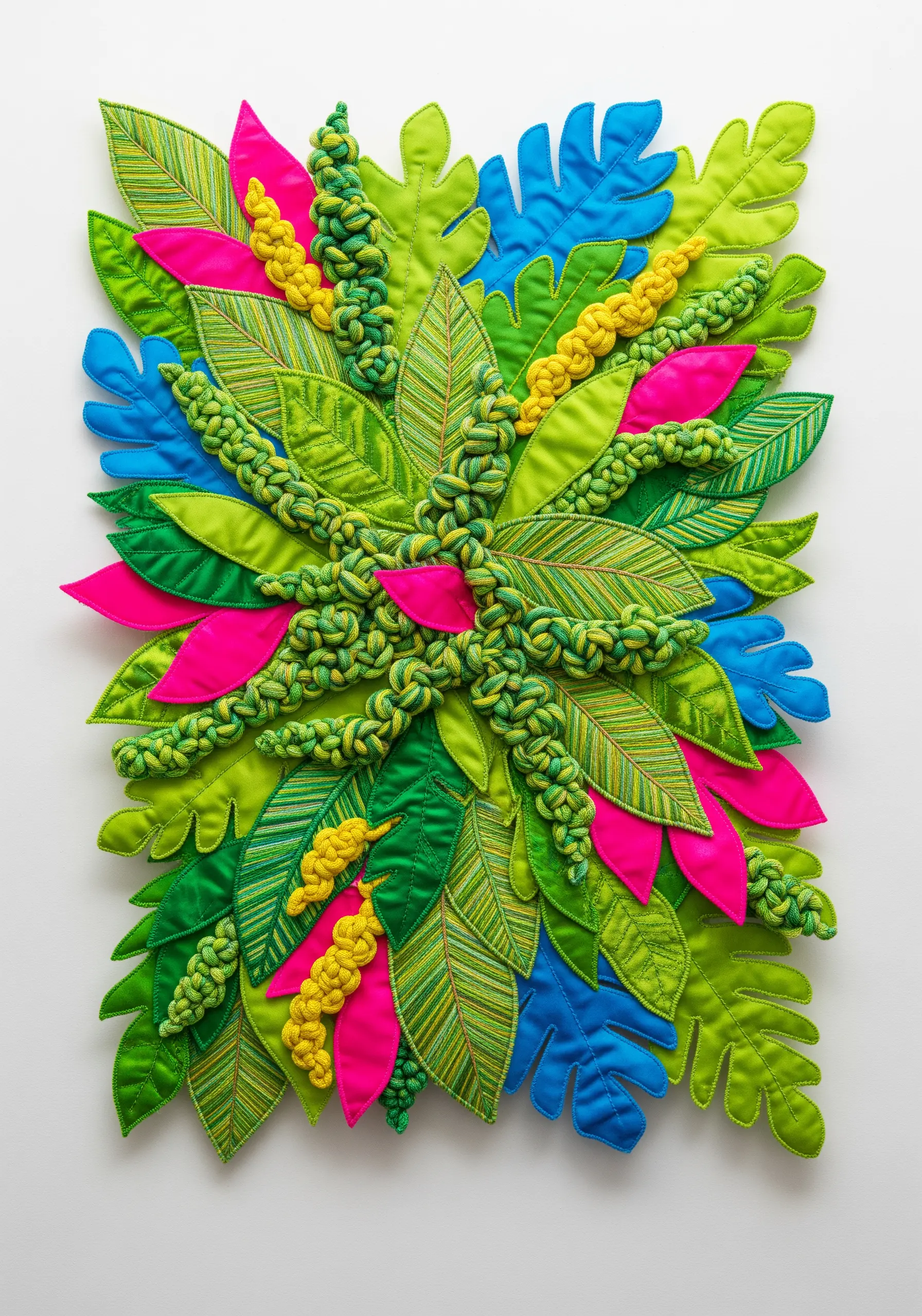 A vibrant, 3D textile collage of tropical leaves and knotted yarn elements in bright colors.