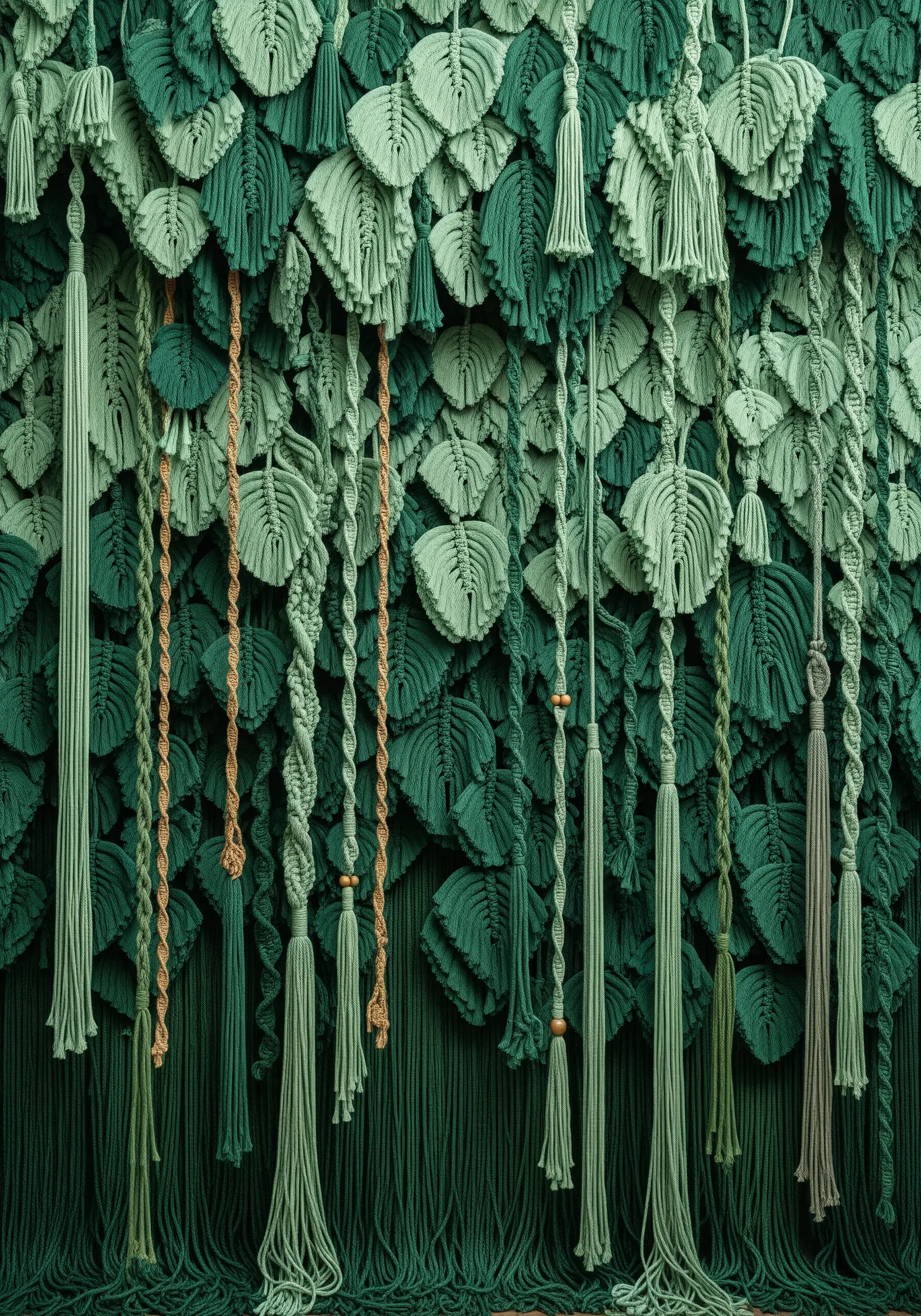 A large wall installation made of hundreds of macrame leaves in shades of green.