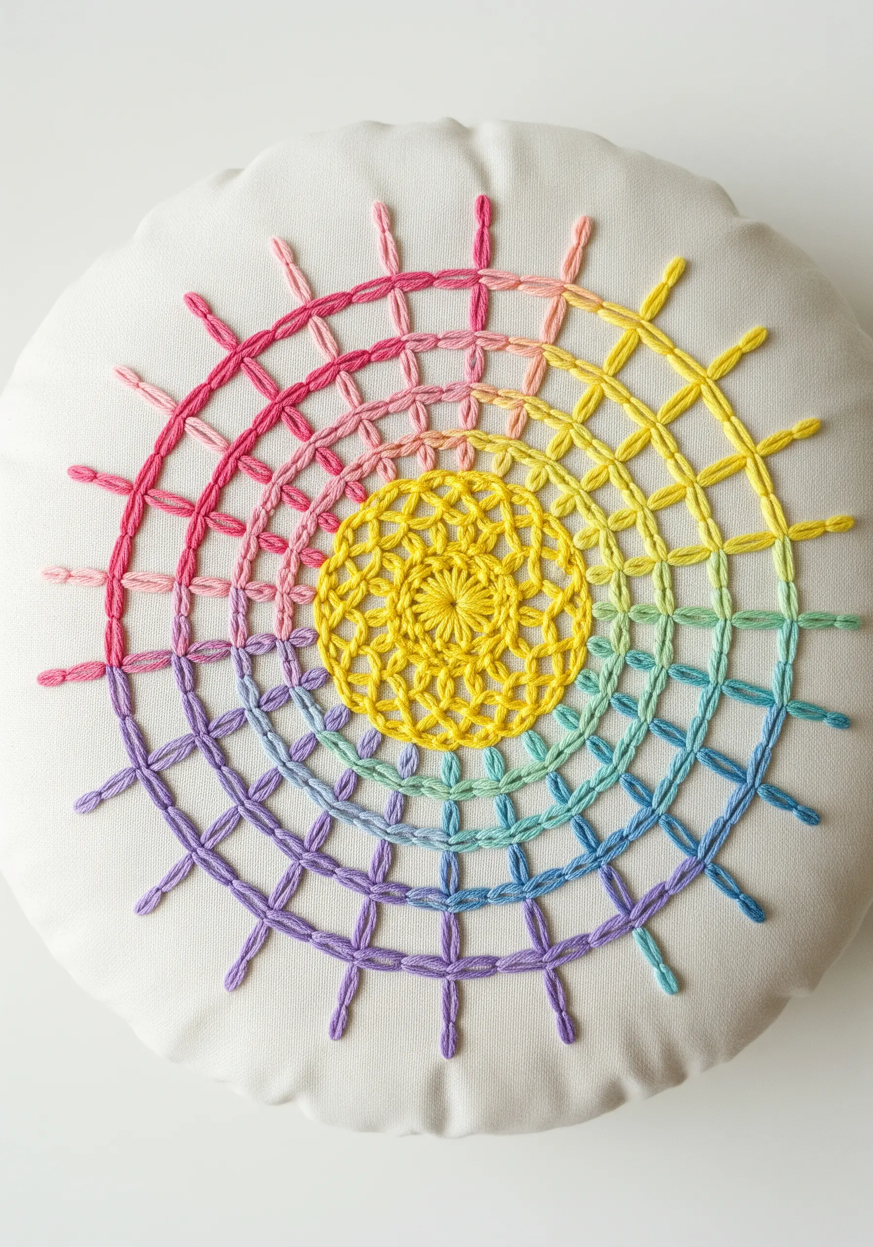 A rainbow spiral mandala stitched on a round white pillow.