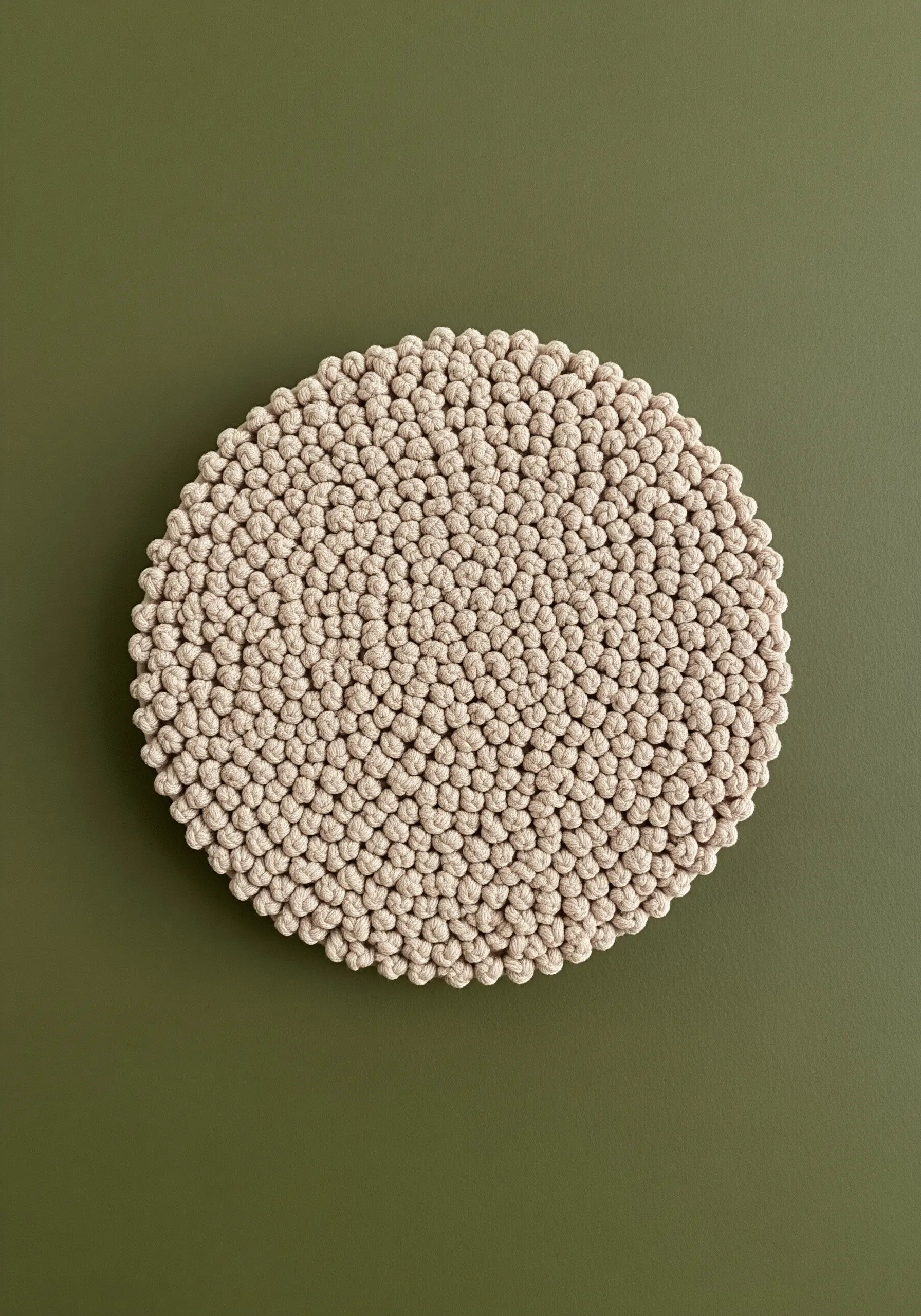 A circular art piece completely filled with tightly packed beige French knots.