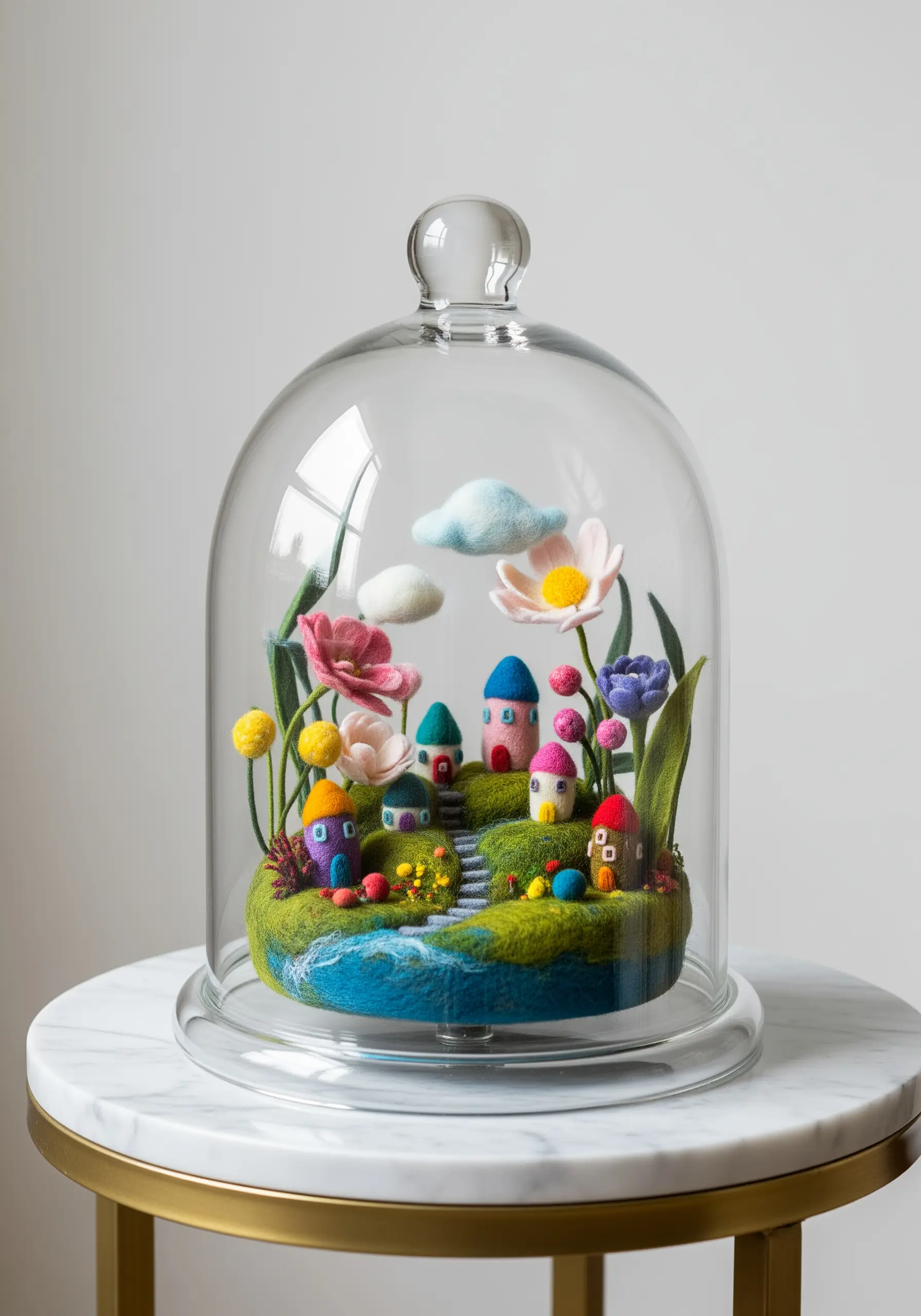A whimsical miniature village made of needle-felted wool, displayed under a glass cloche.