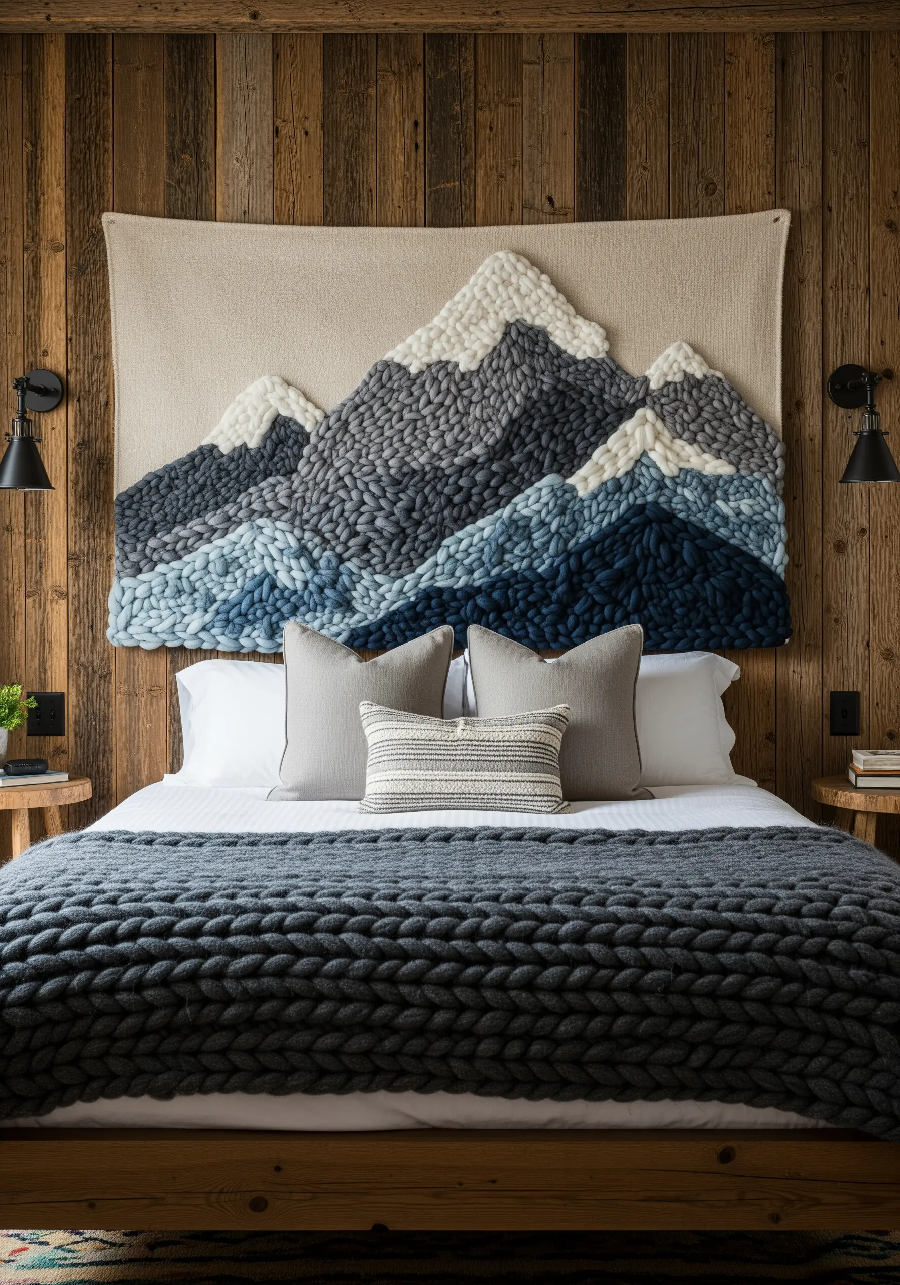 A large, woven wall hanging of a mountain range made with chunky yarn.