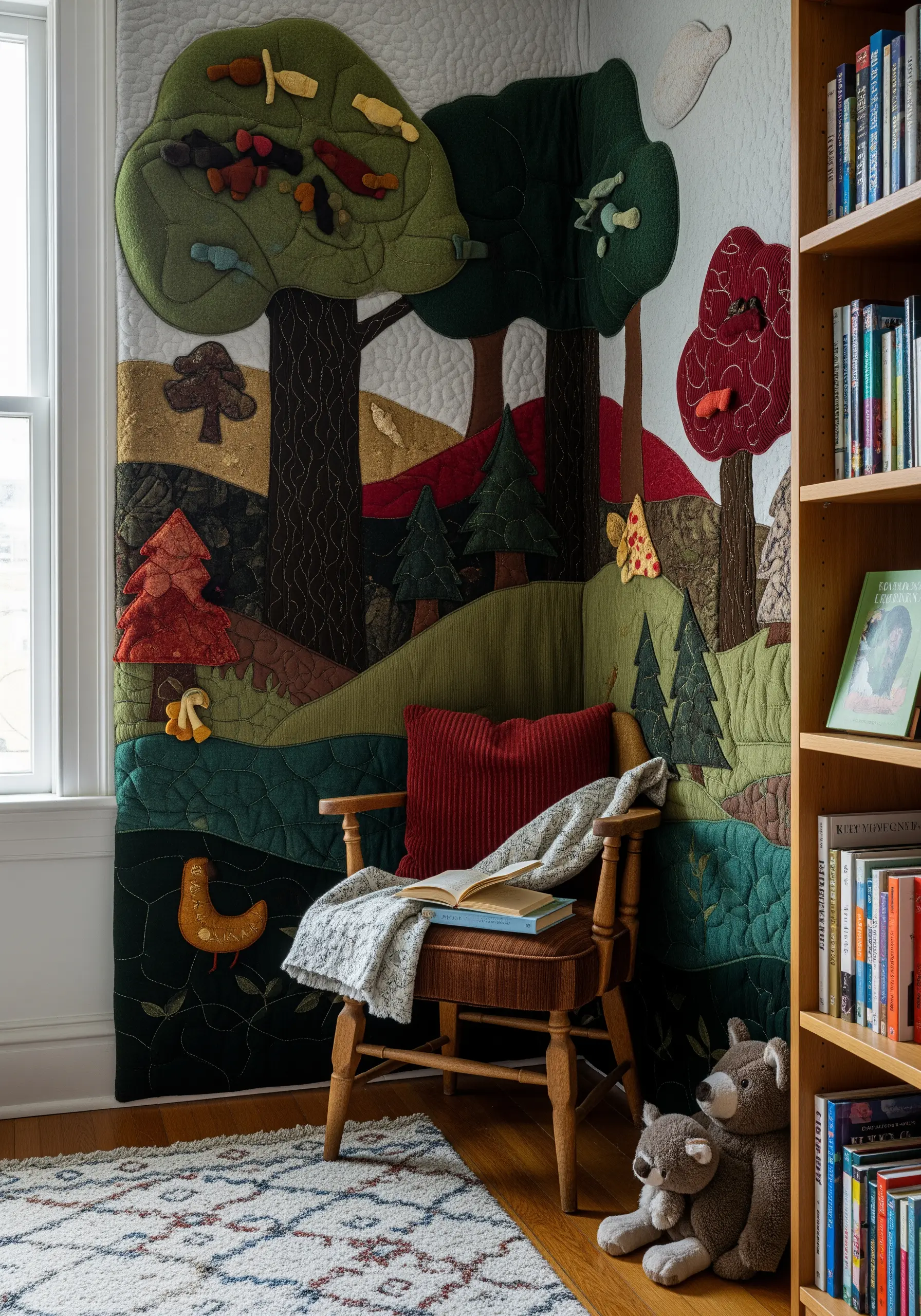 A large, quilted wall mural depicting a forest scene made from various textured fabrics.