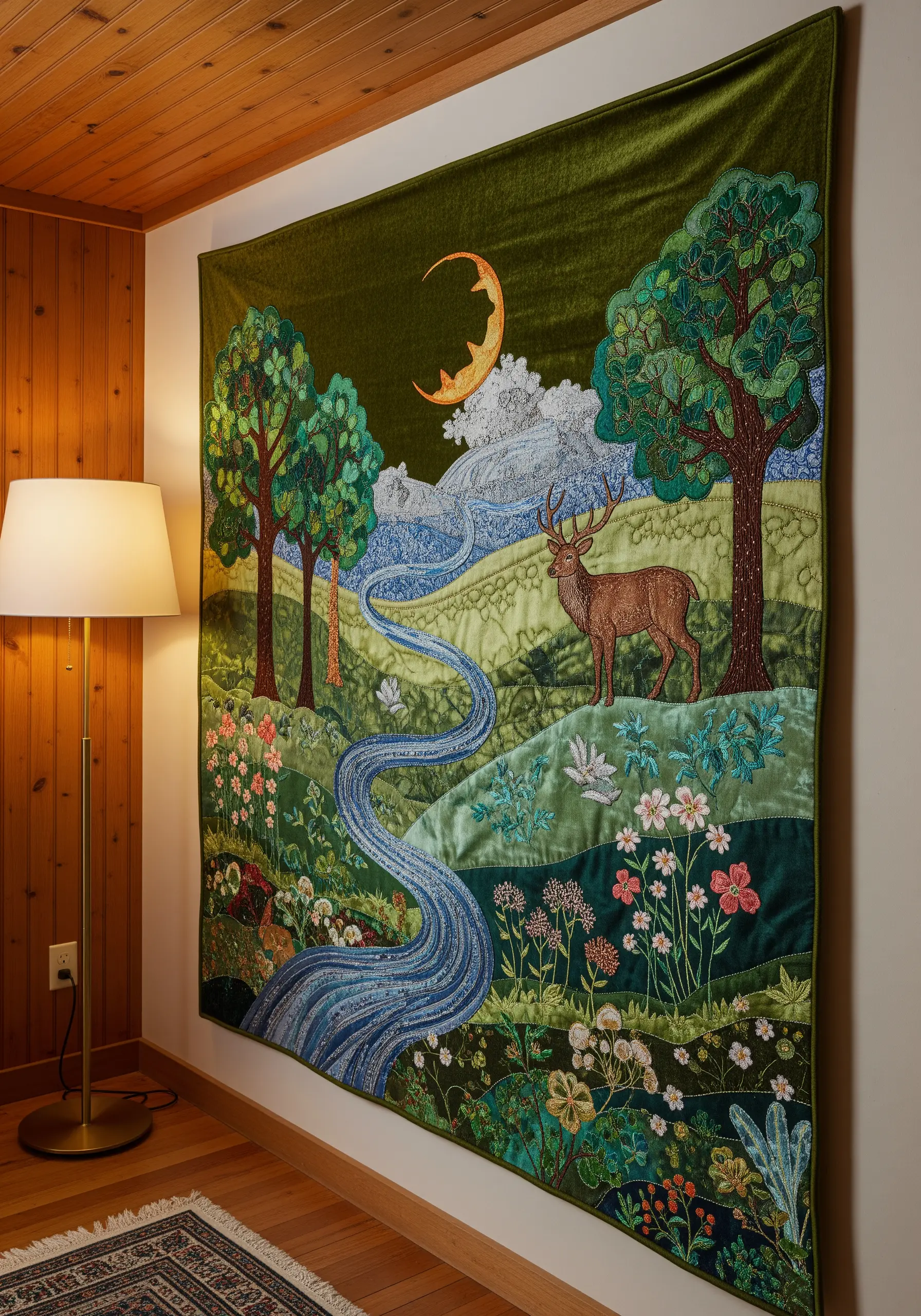Large-scale embroidered tapestry with velvet appliqué and quilted details.