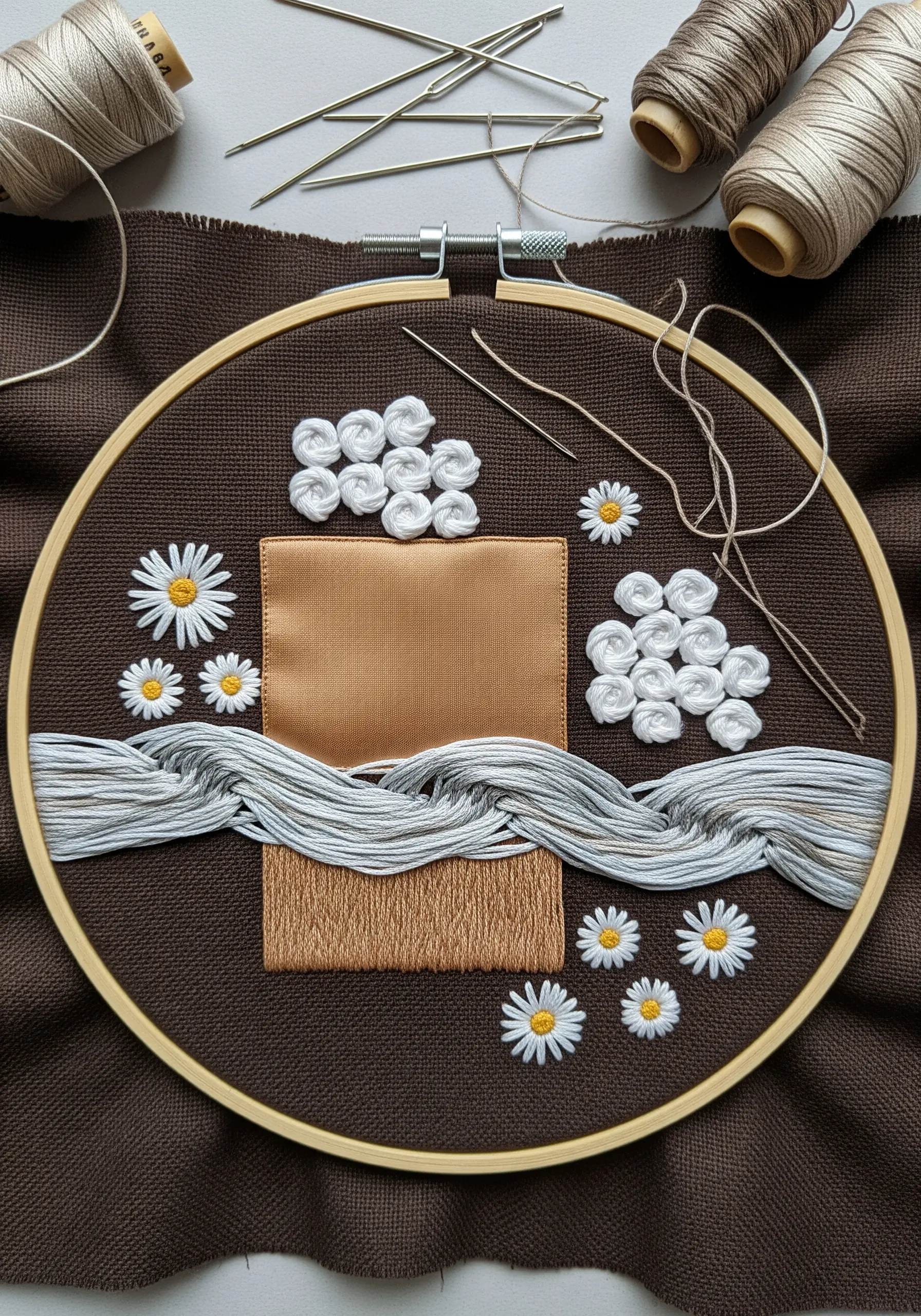 Surreal landscape in a hoop using appliqué, bullion knots, couched thread, and daisies.