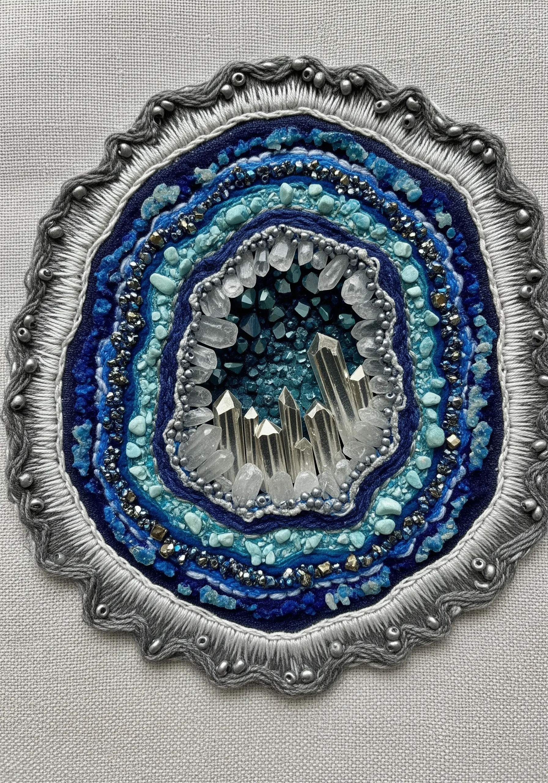 Embroidered geode with real quartz crystals, stone chips, and layered blue and silver thread.