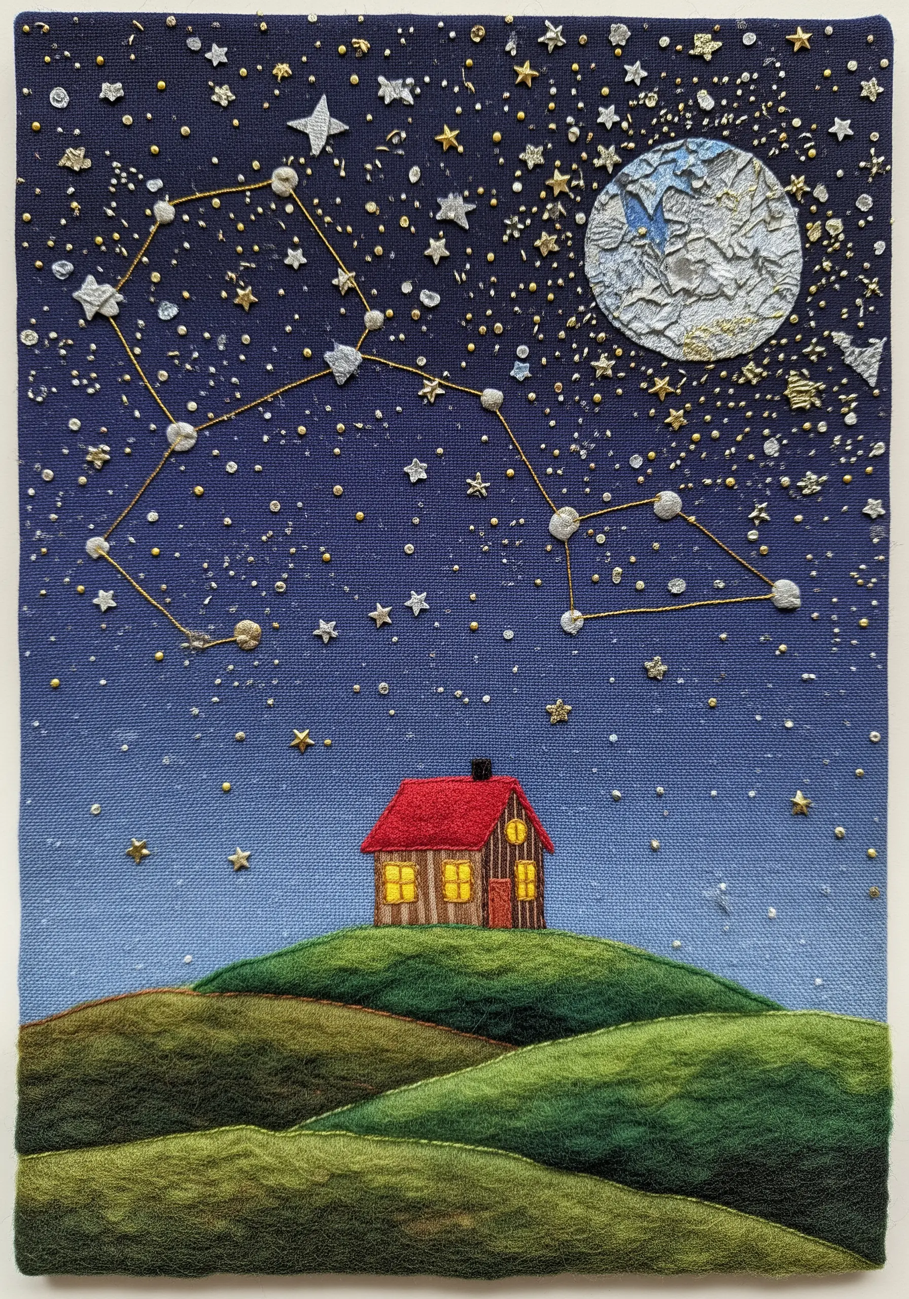 Mixed-media art of a cottage under a starry night sky with felted hills and beaded stars.