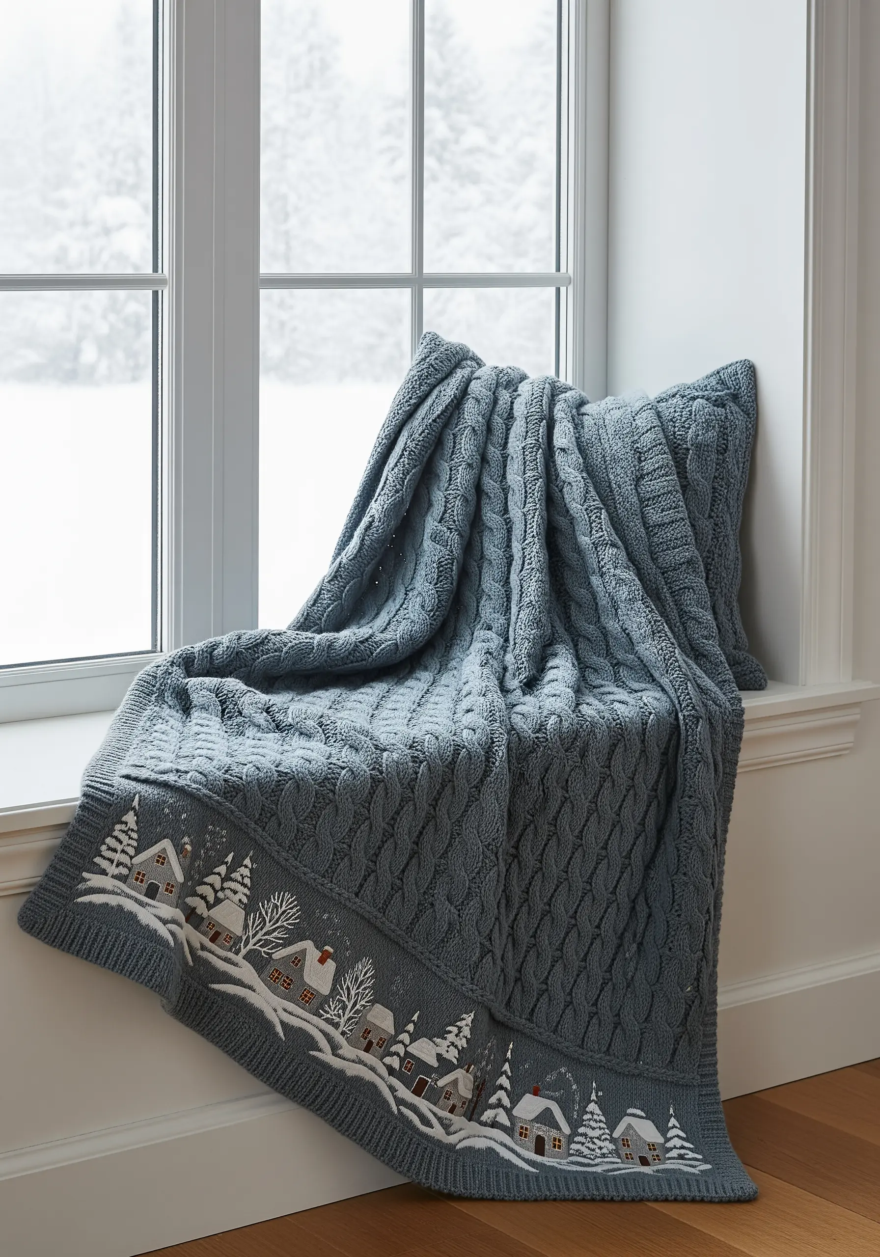 A winter village scene with houses and trees embroidered along the border of a grey cable knit blanket.