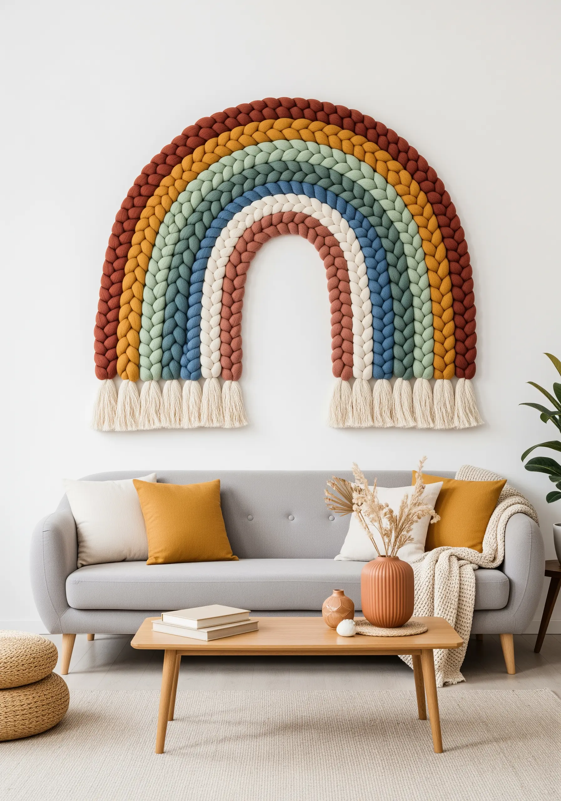 A very large, arched rainbow wall hanging made of thick, yarn-wrapped ropes in earthy tones.