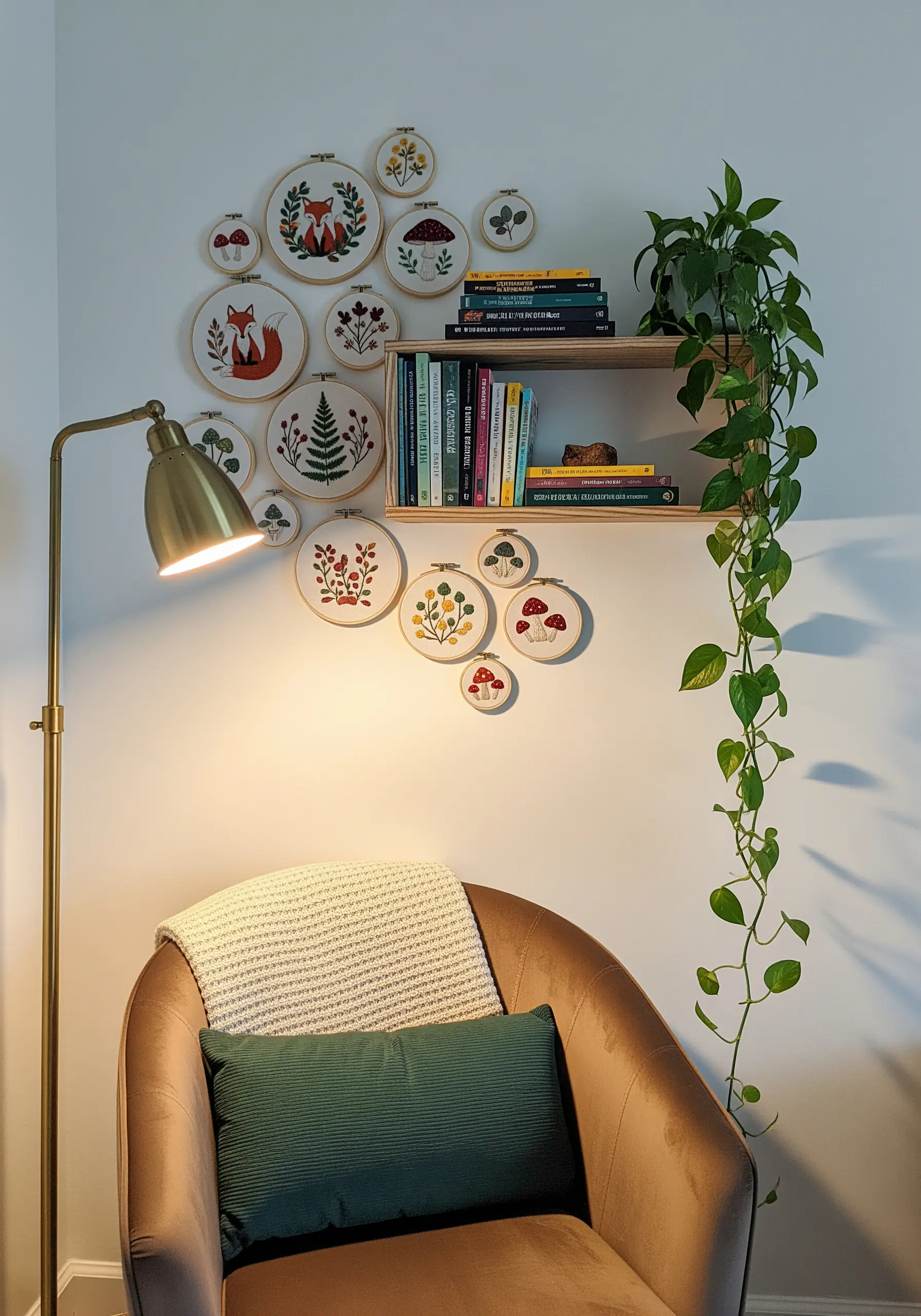 Clustered embroidery hoops with fox, mushroom, and fern motifs arranged around a wooden shelf.