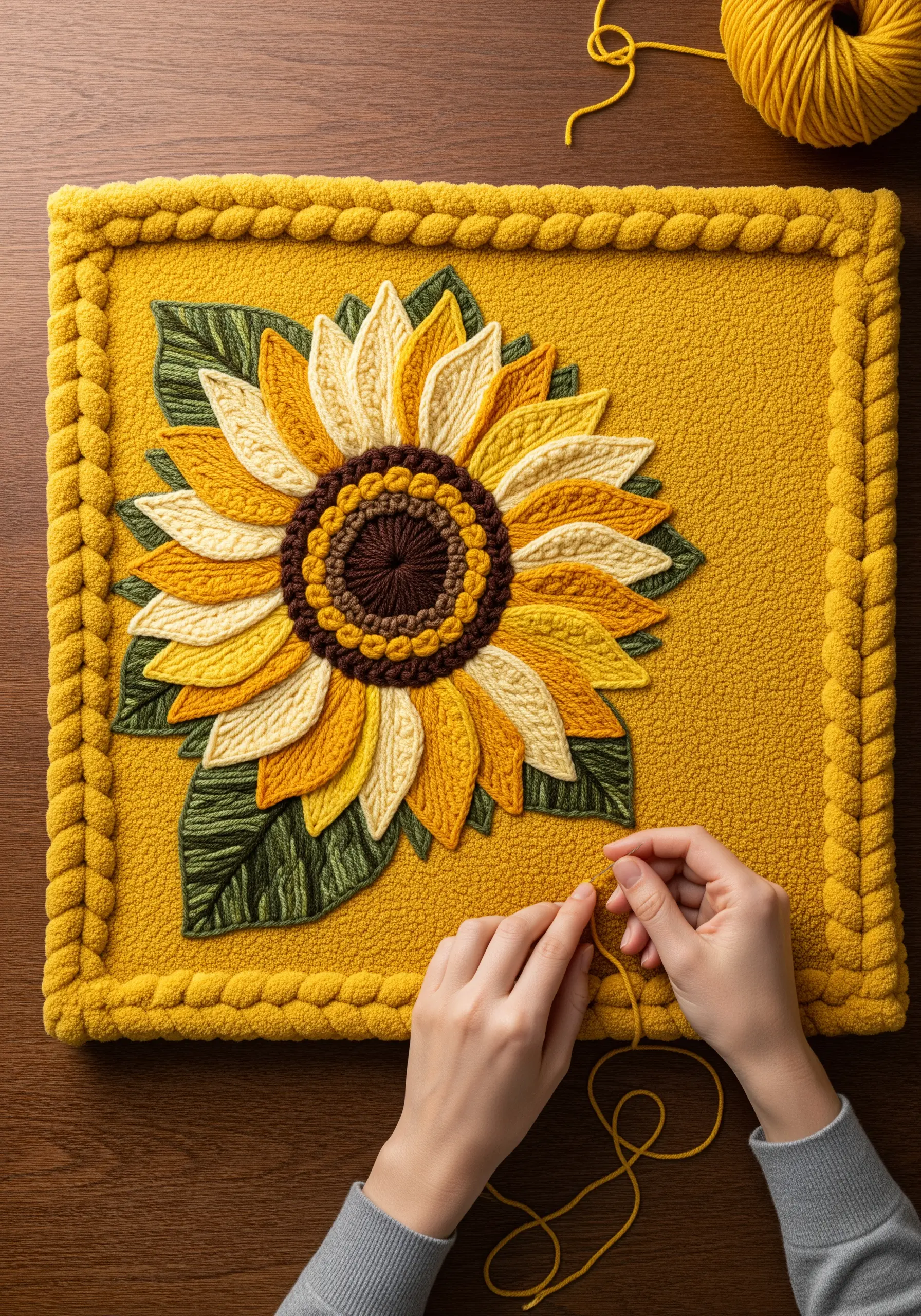 A highly textured sunflower made with needle weaving and French knots on a yellow background.