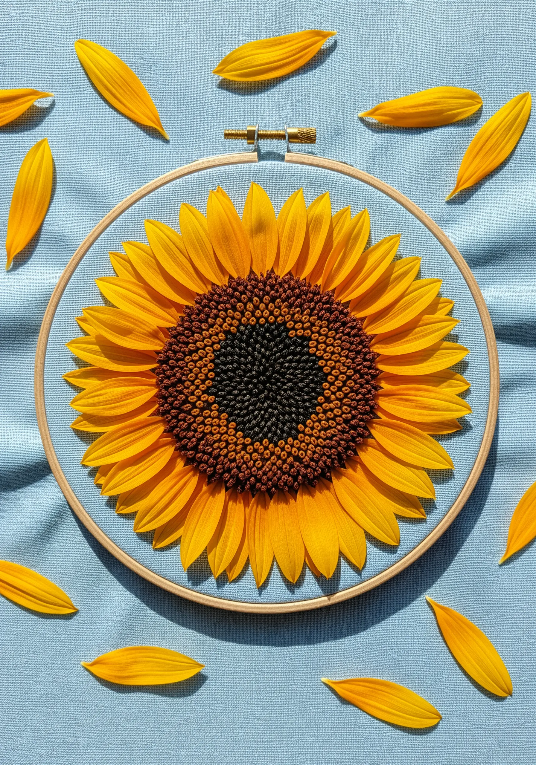 Embroidery hoop with a dense center of brown and black French knots, surrounded by real sunflower petals.