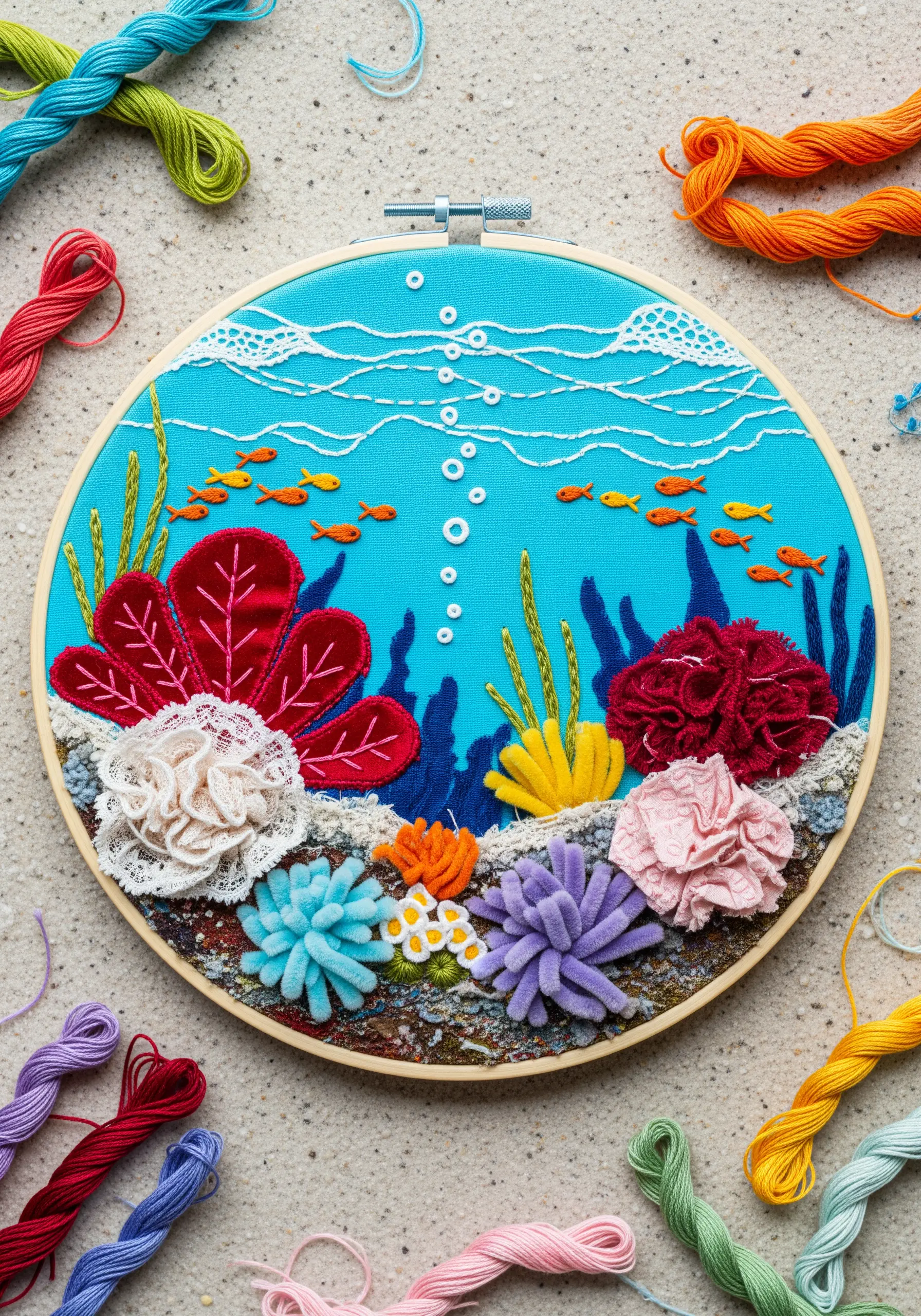 A vibrant coral reef embroidery collage with lace, felt, and various dimensional stitches.
