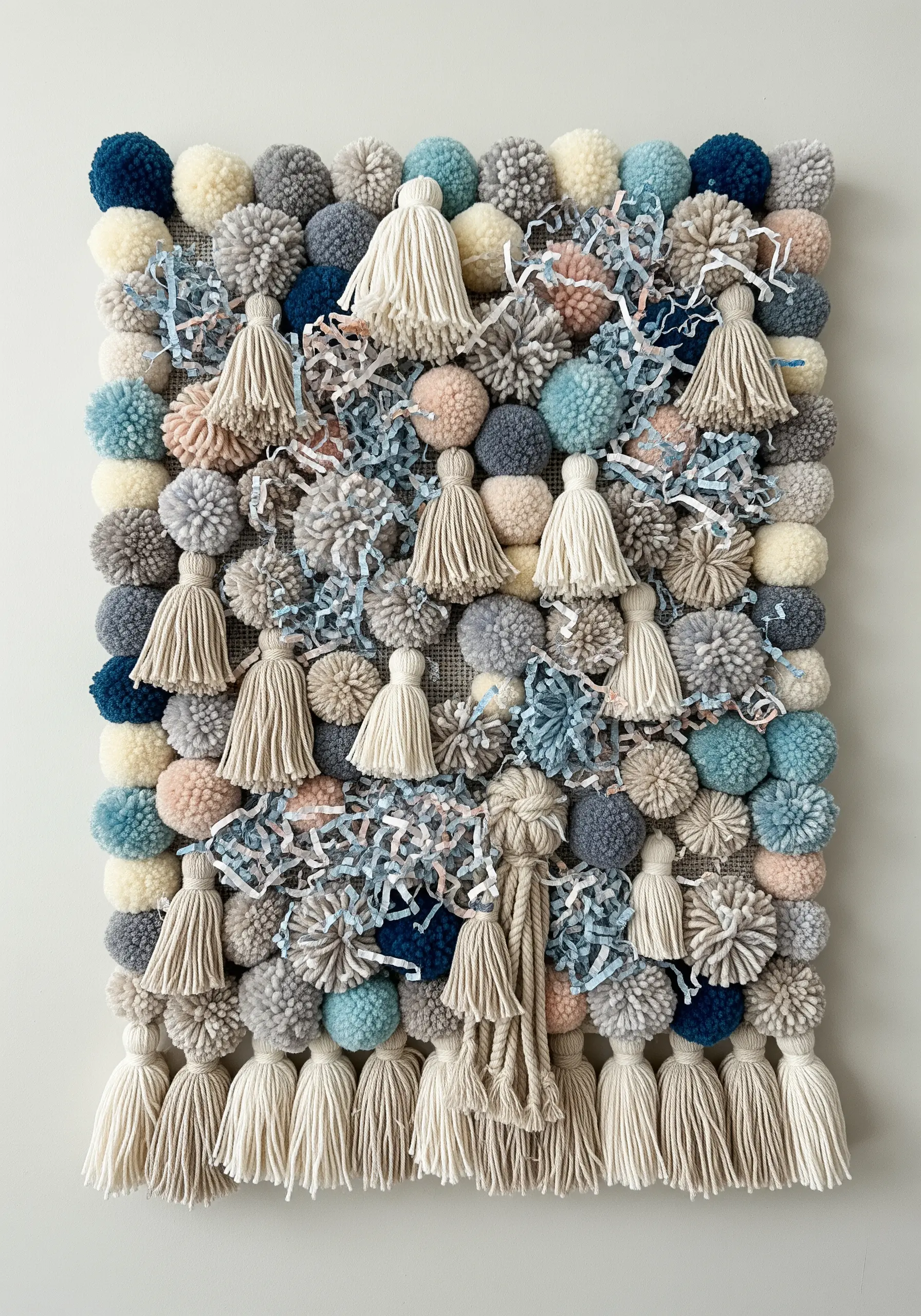 A wall hanging made entirely of fluffy pompoms and tassels in muted blues, pinks, and grays.