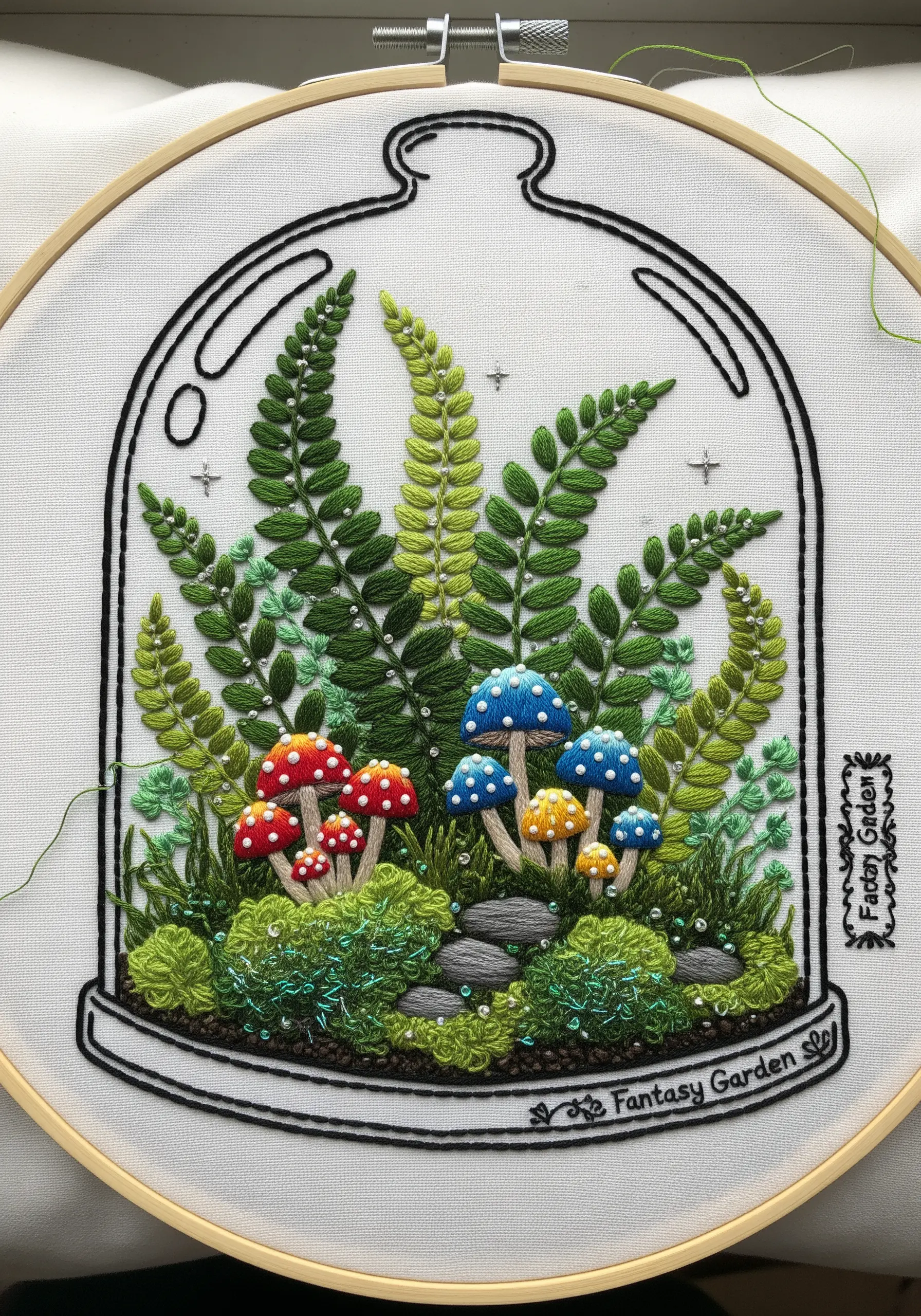 An embroidered terrarium in a hoop, filled with ferns, mushrooms, and moss.
