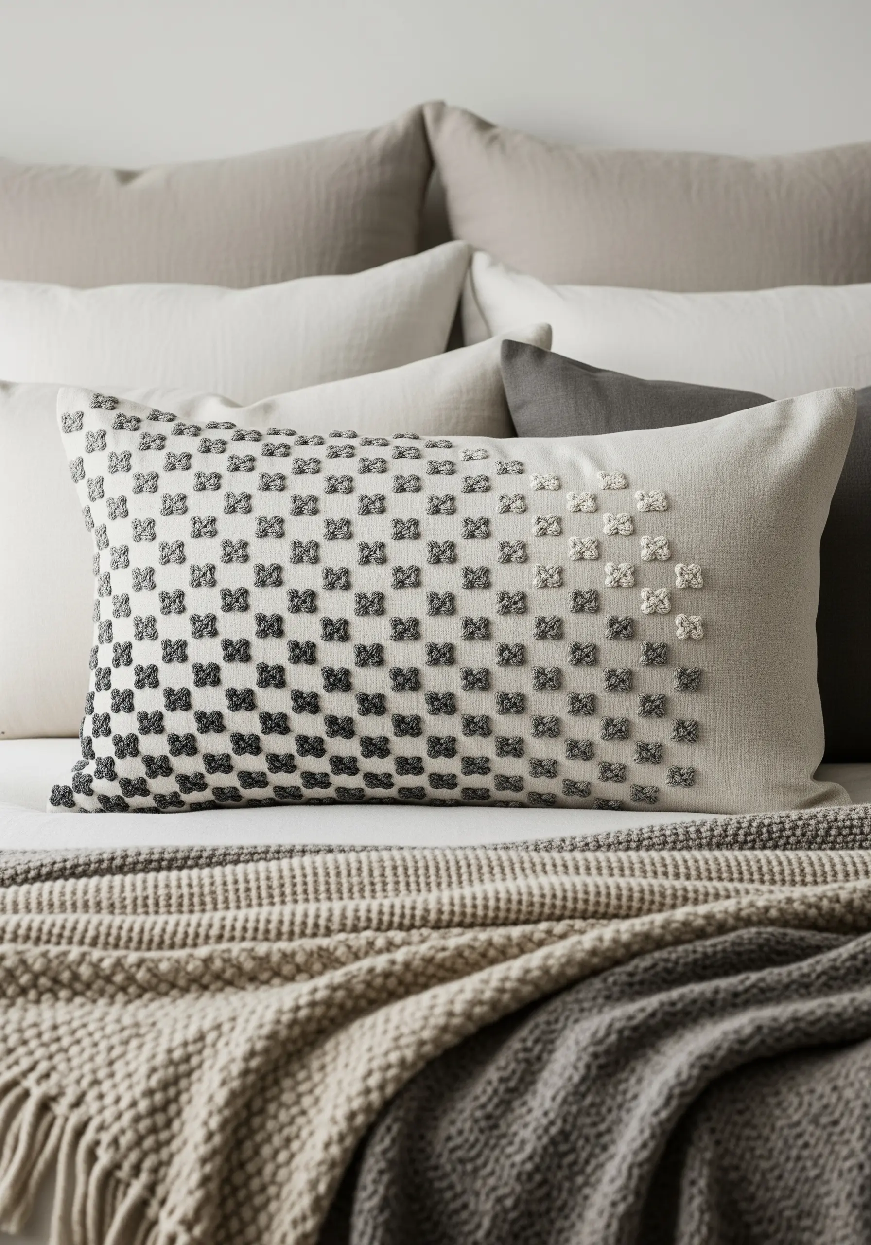 A grid of textured French knots in shades of grey and white creates a gradient effect.