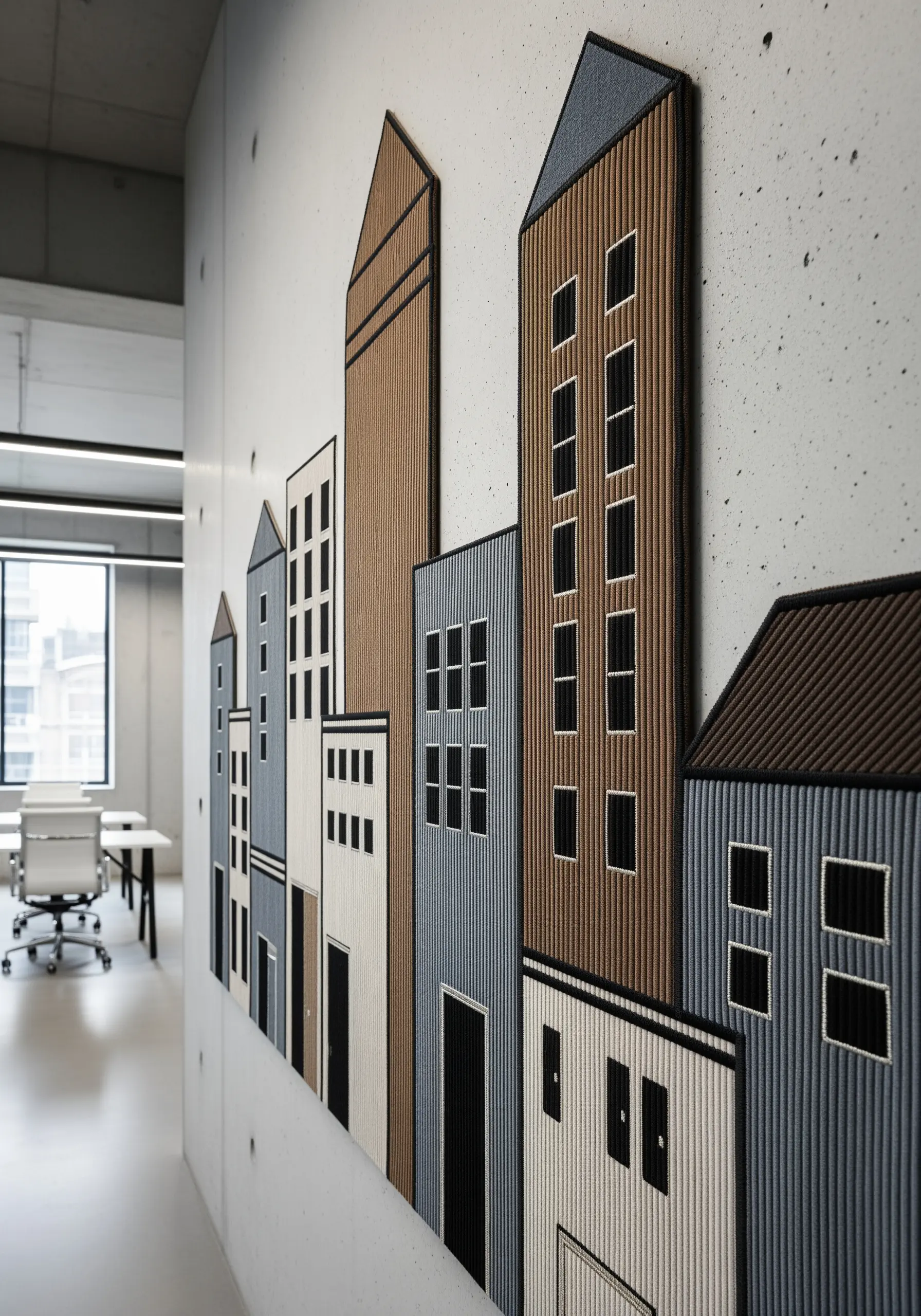 A fabric collage cityscape using vertically ribbed fabrics for buildings.