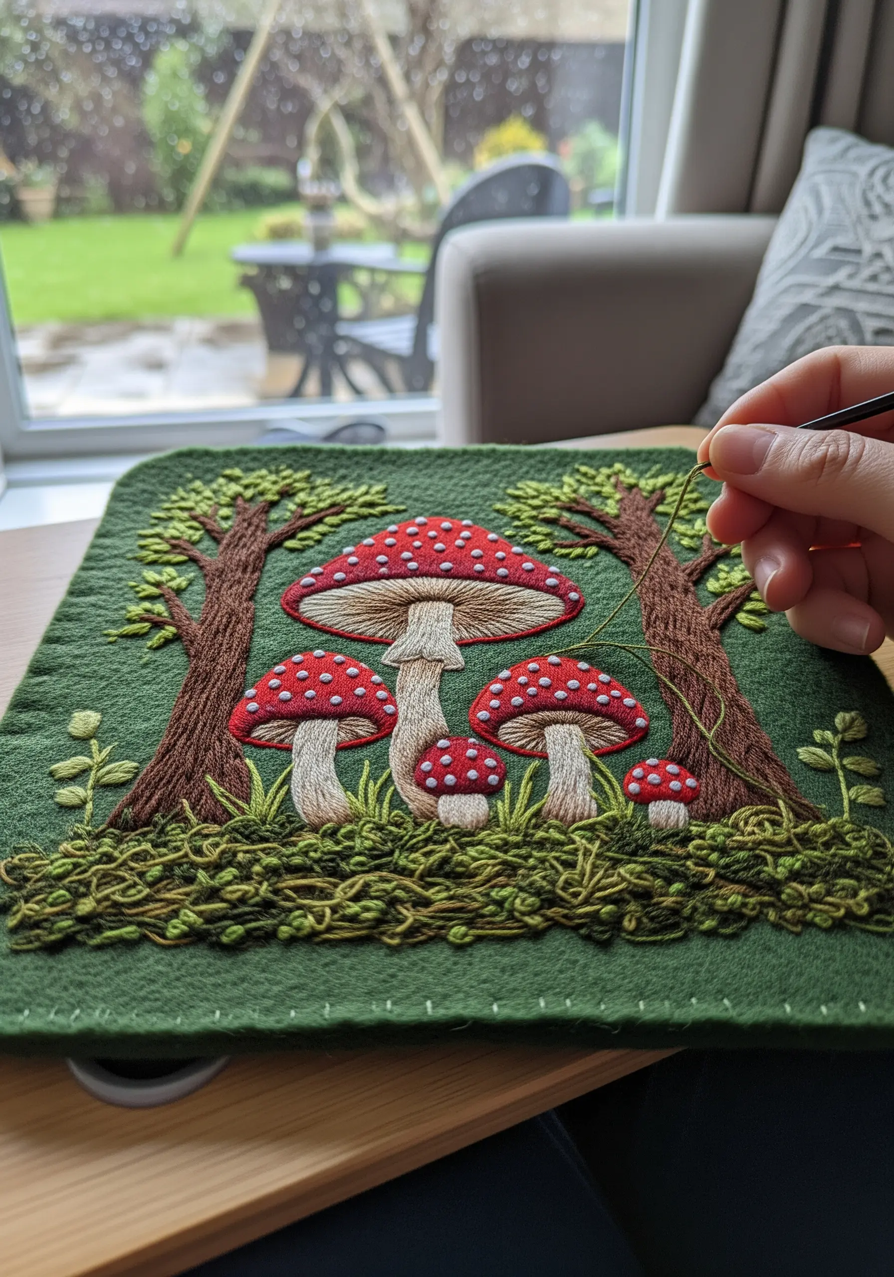 Embroidering a detailed scene of red-capped mushrooms and moss on a green felt background.