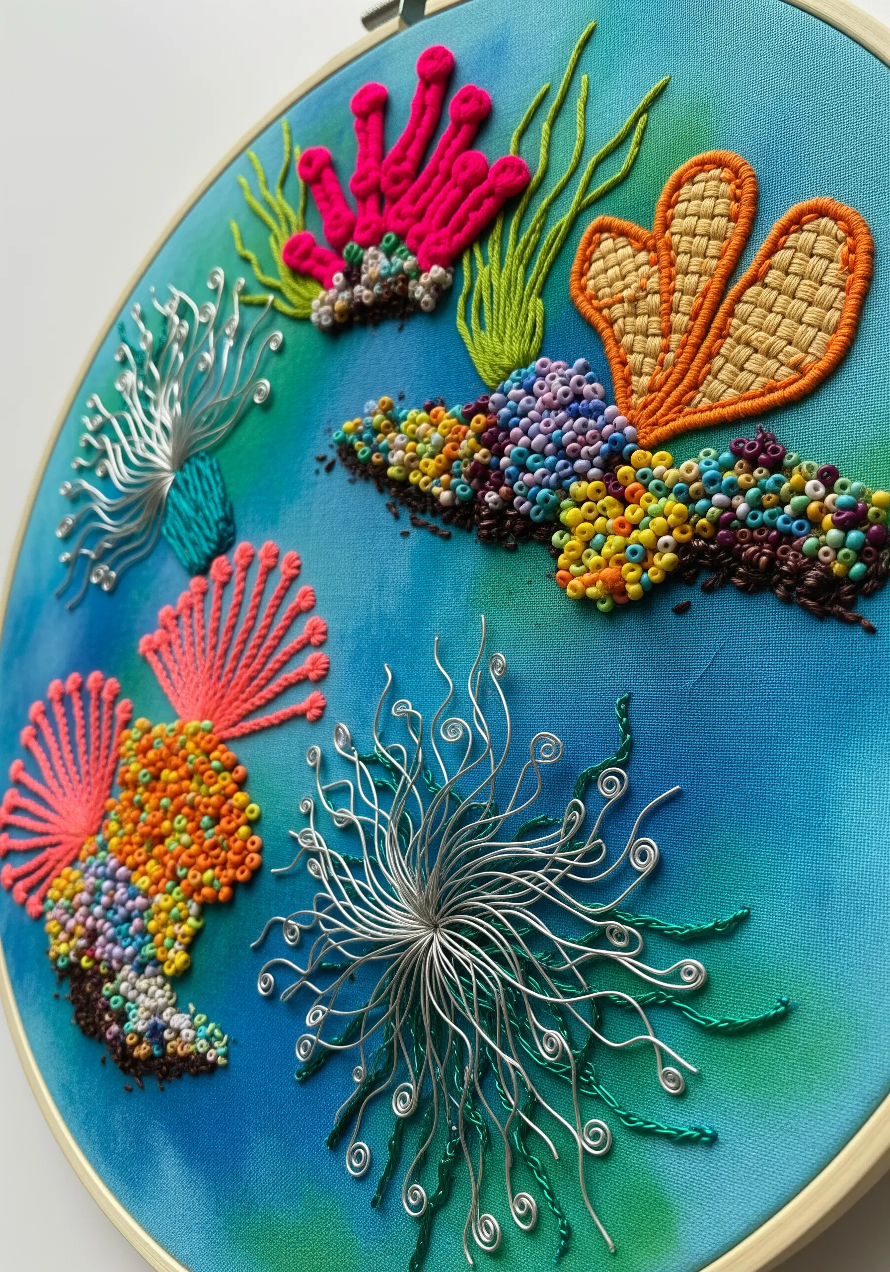 Colorful coral reef embroidery with bead clusters, wire anemones, and textural stitches.