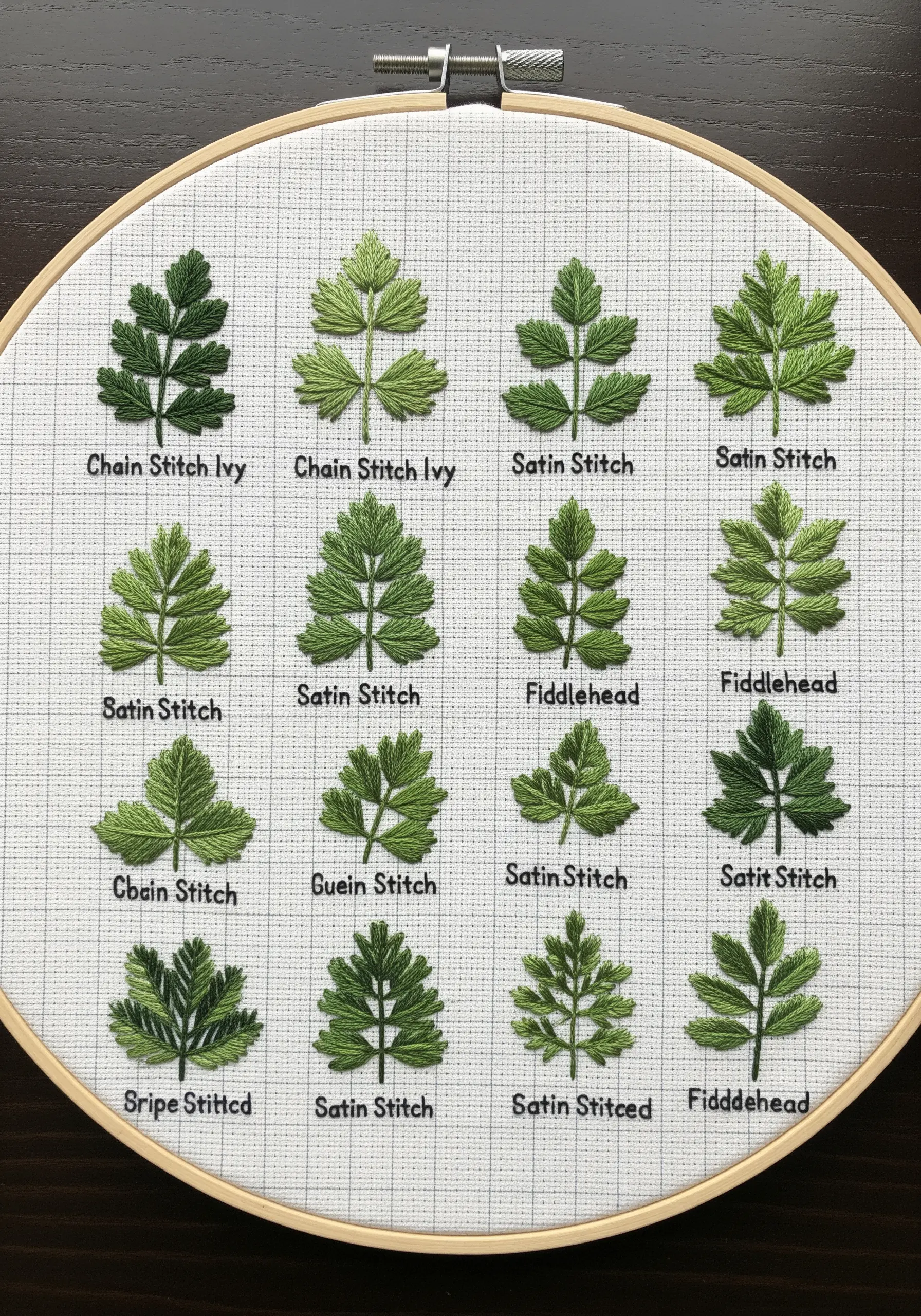 An embroidery sampler showing sixteen leaf motifs, each stitched with a different technique.