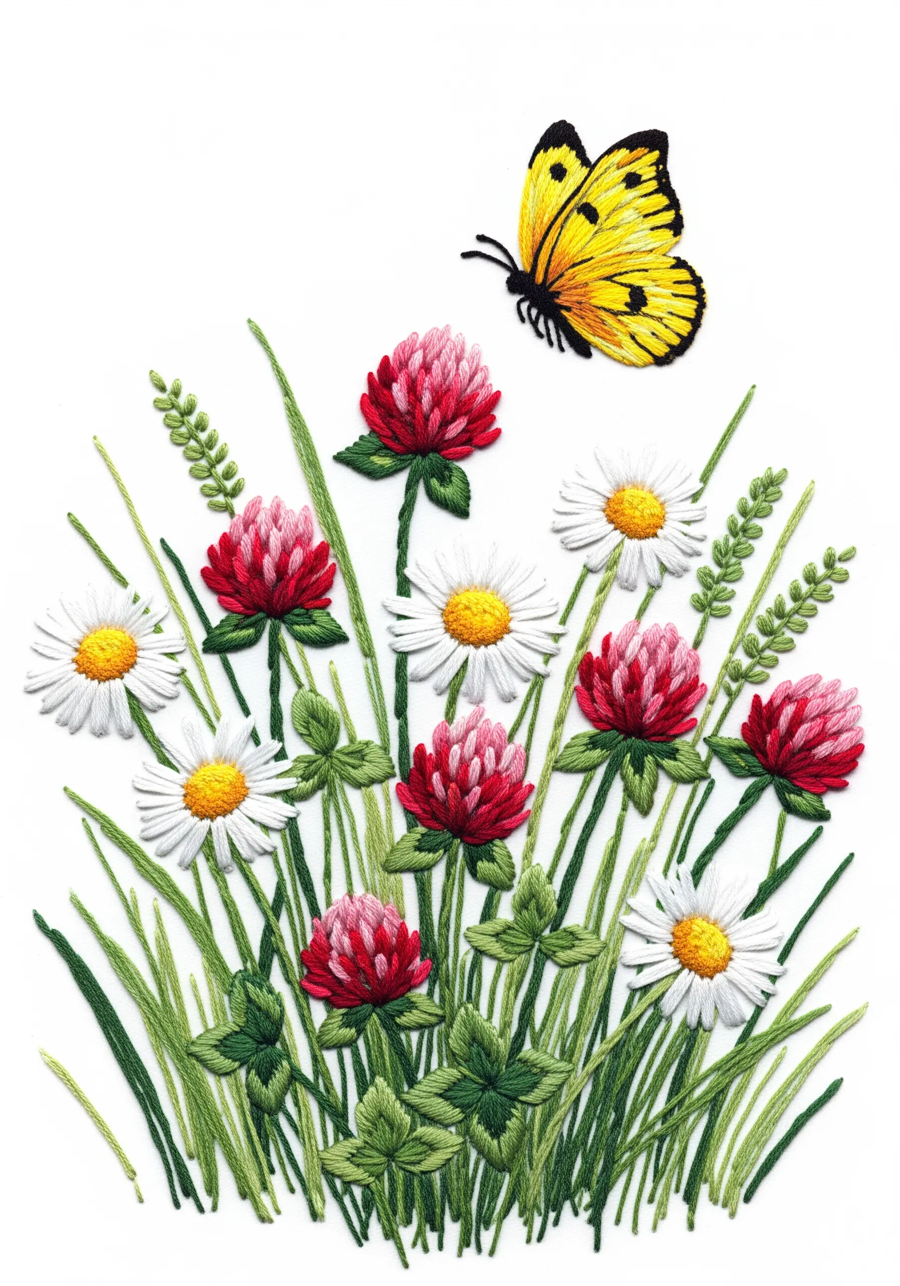 A dense embroidered meadow of clover, daisies, and grasses with a yellow butterfly flying above.