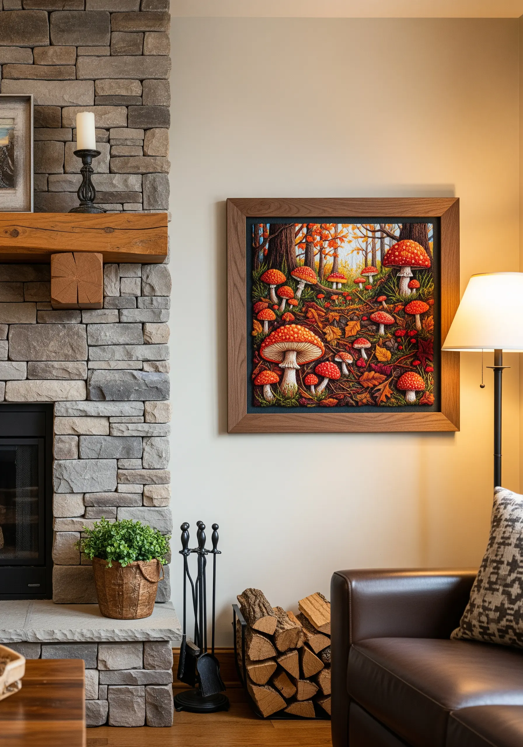 Detailed embroidery of a forest floor with red and white mushrooms and autumn leaves.