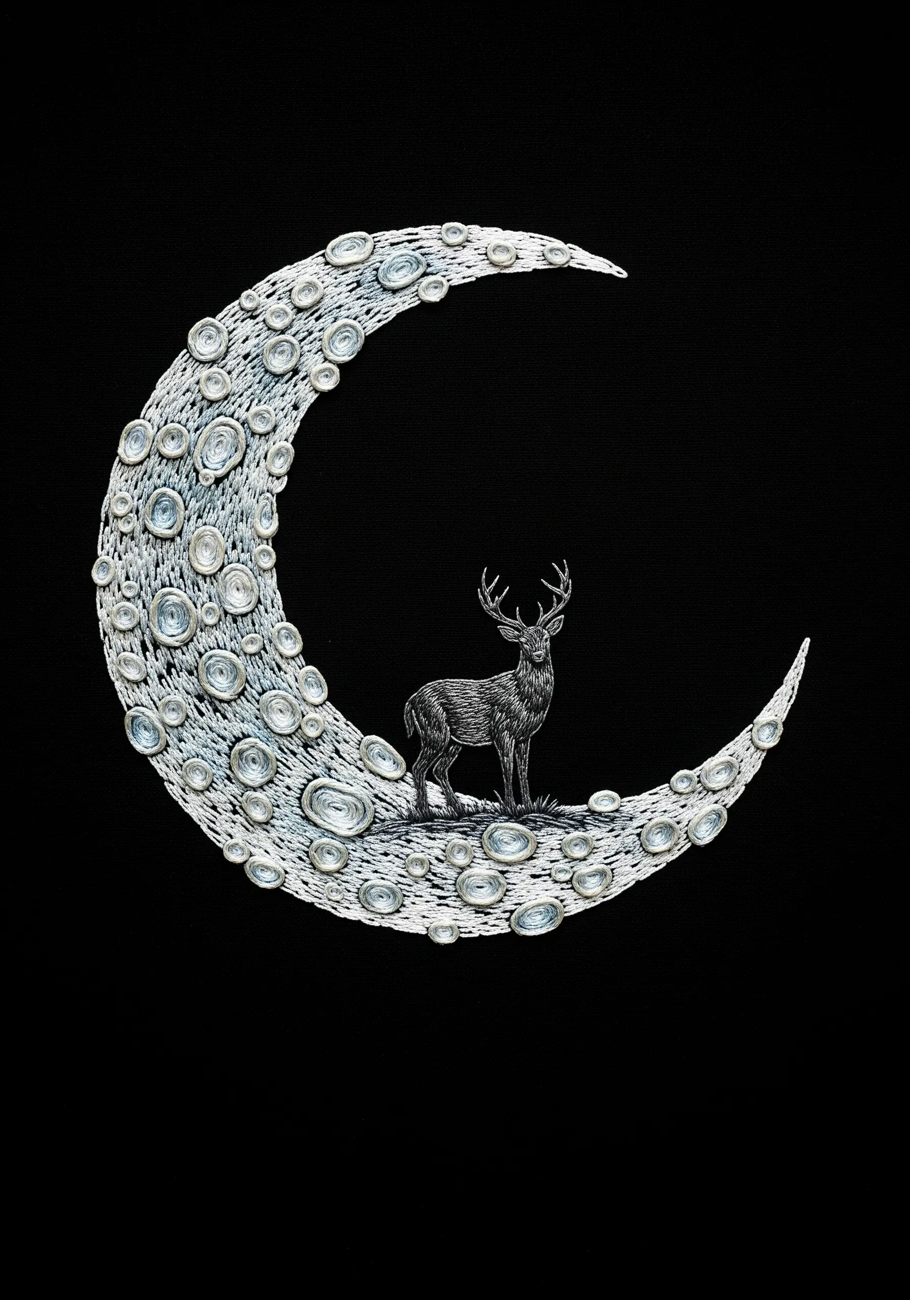 Stag silhouetted against a highly textured, abstract embroidered moon