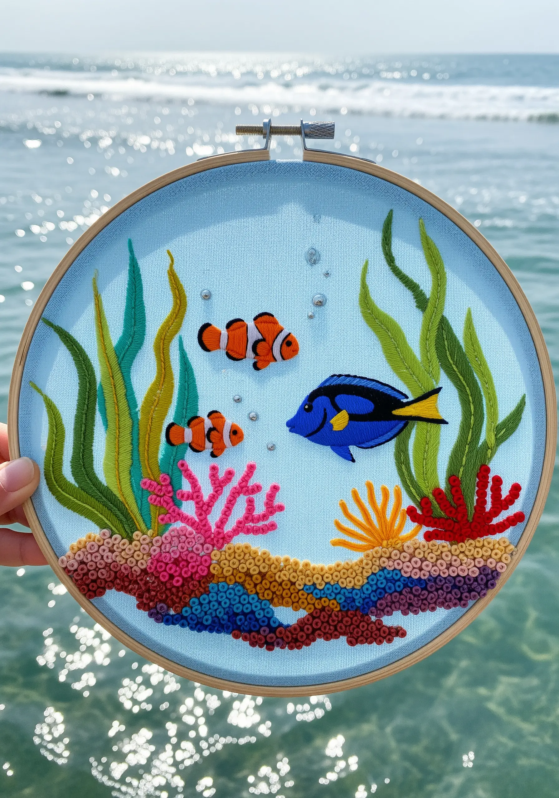 An underwater coral reef scene in a hoop with clownfish, textured coral, and bead bubbles.