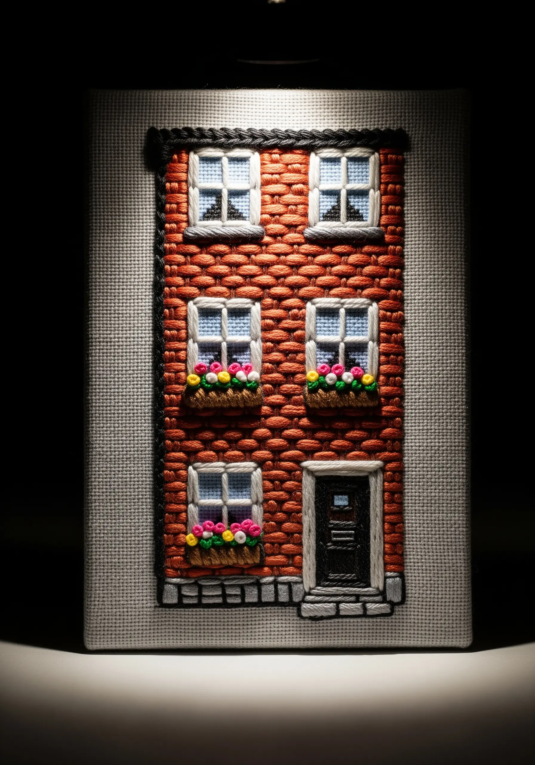 Embroidered brick house with dimensional woven stitches and satin stitch details.