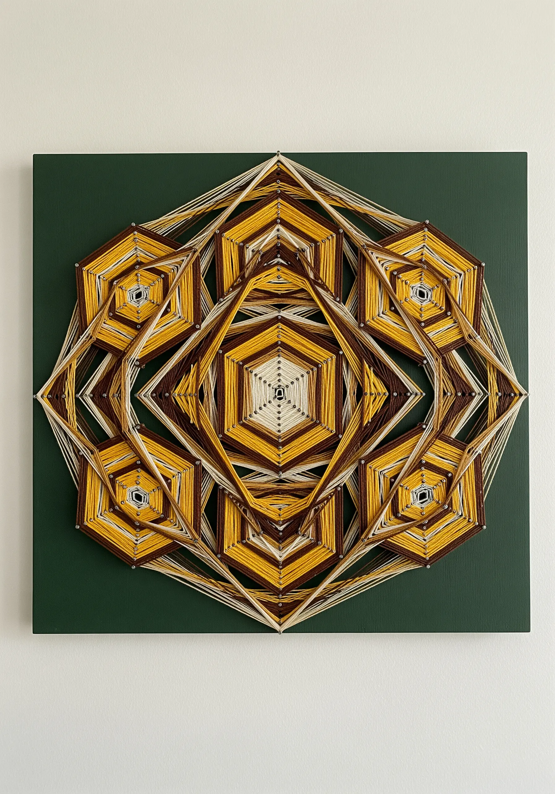 Complex geometric string art pattern in brown, yellow, and cream on a dark green board