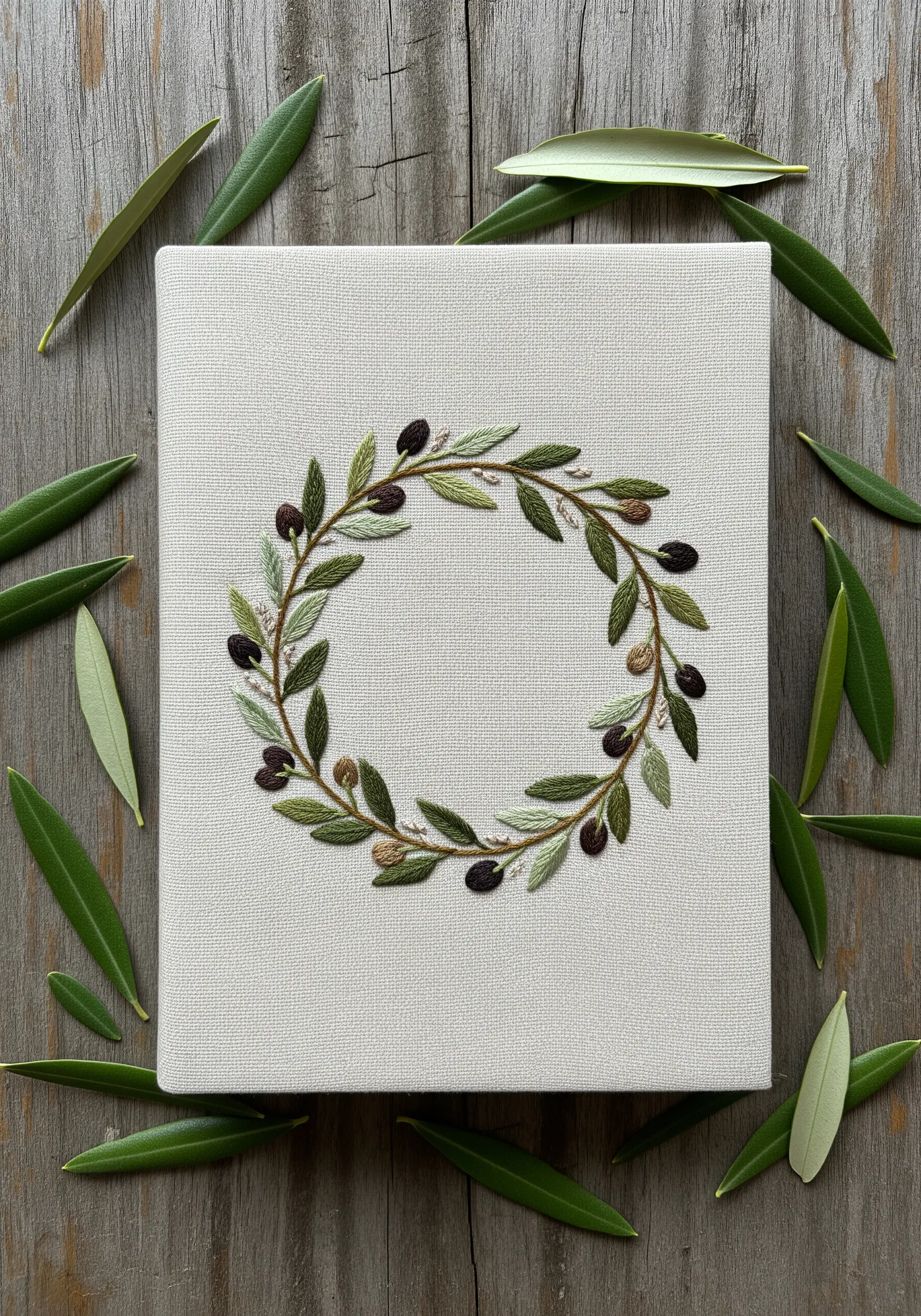 A delicate olive wreath embroidered on a cream journal with varied green leaves and dark olives.