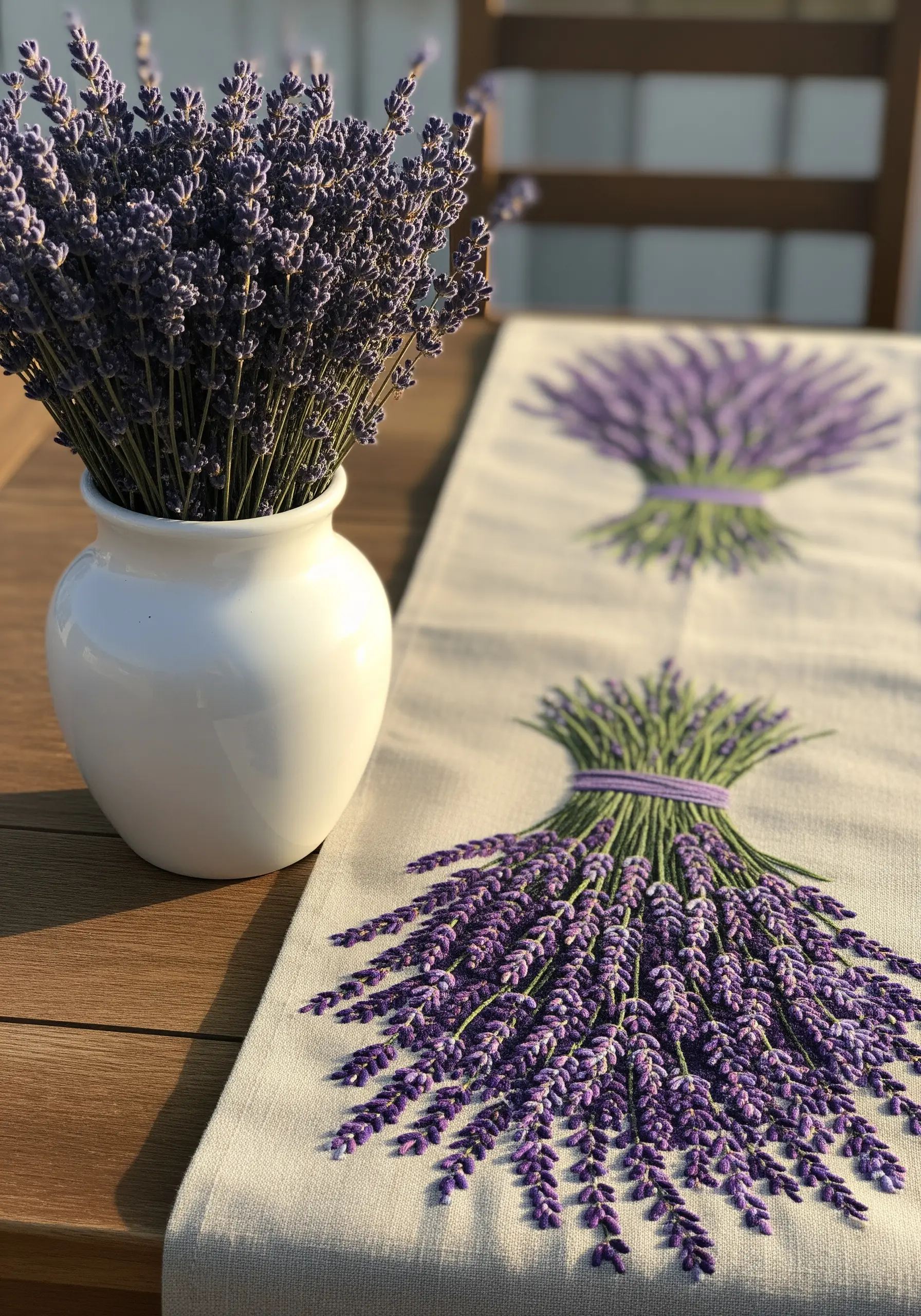 A dense, realistic lavender bouquet embroidered on a natural linen table runner.