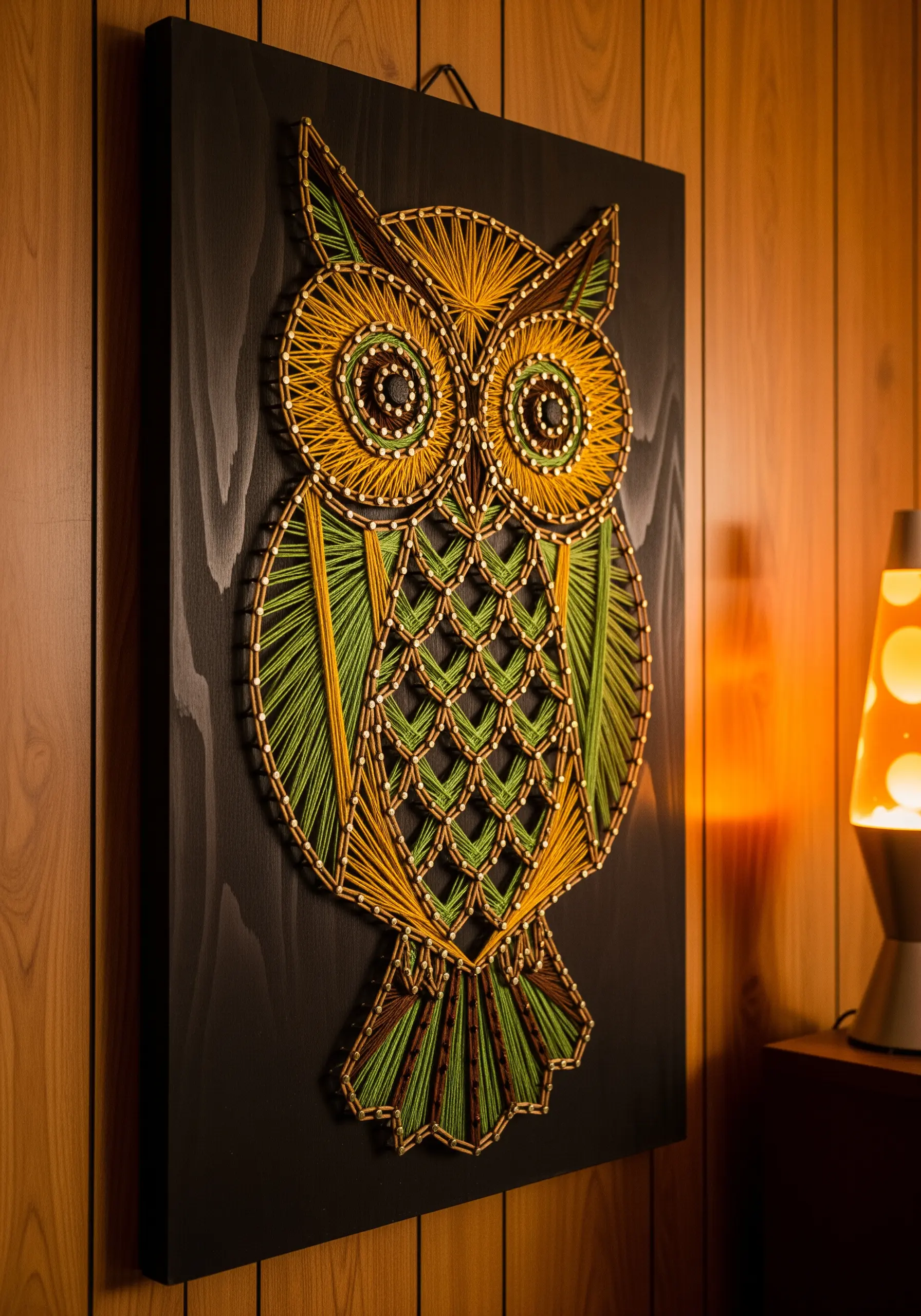 Vintage string art owl in yellow, green, and brown thread on a dark wood panel