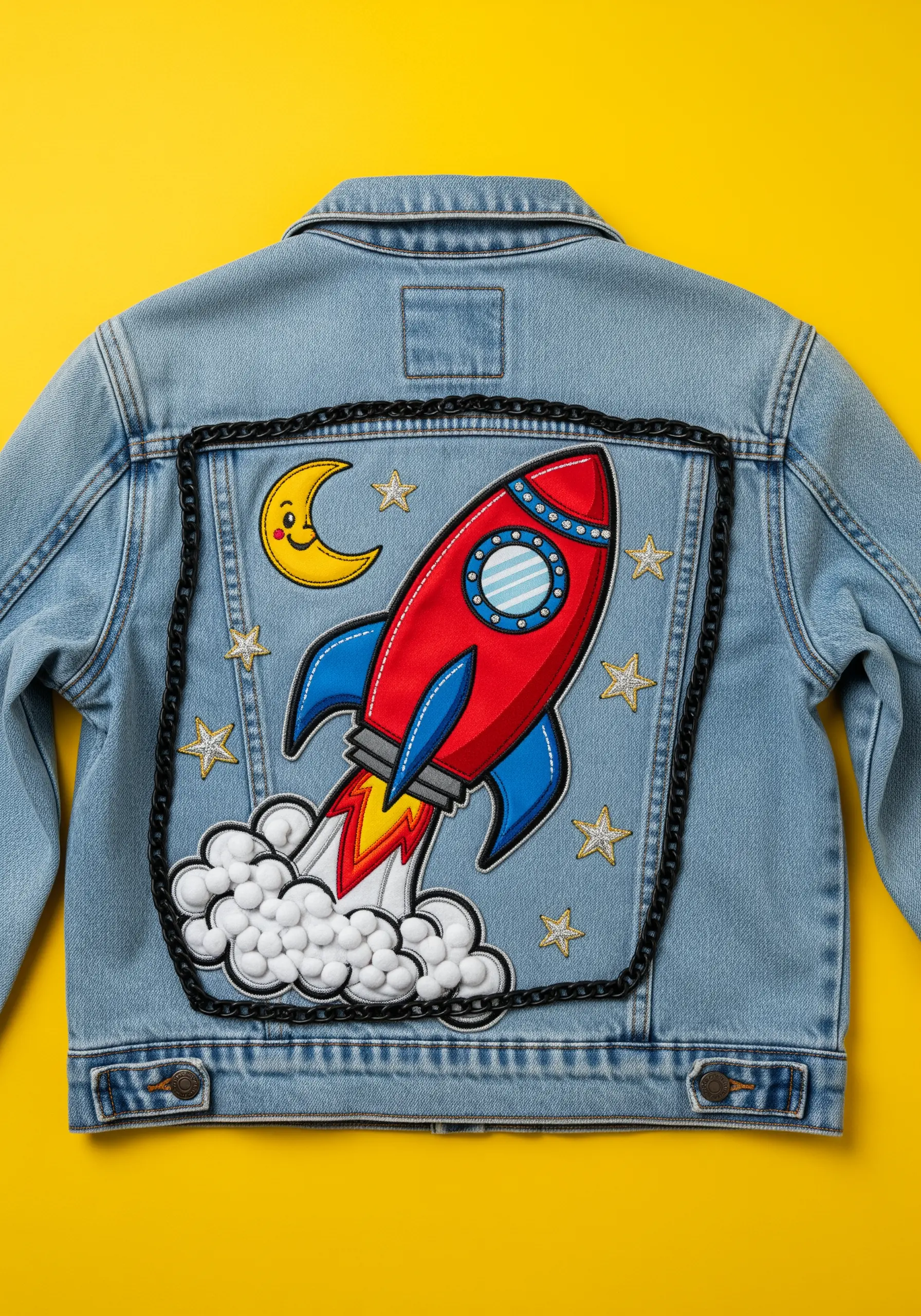 Embroidered cartoon rocket appliqué with a chain border on the back of a denim jacket