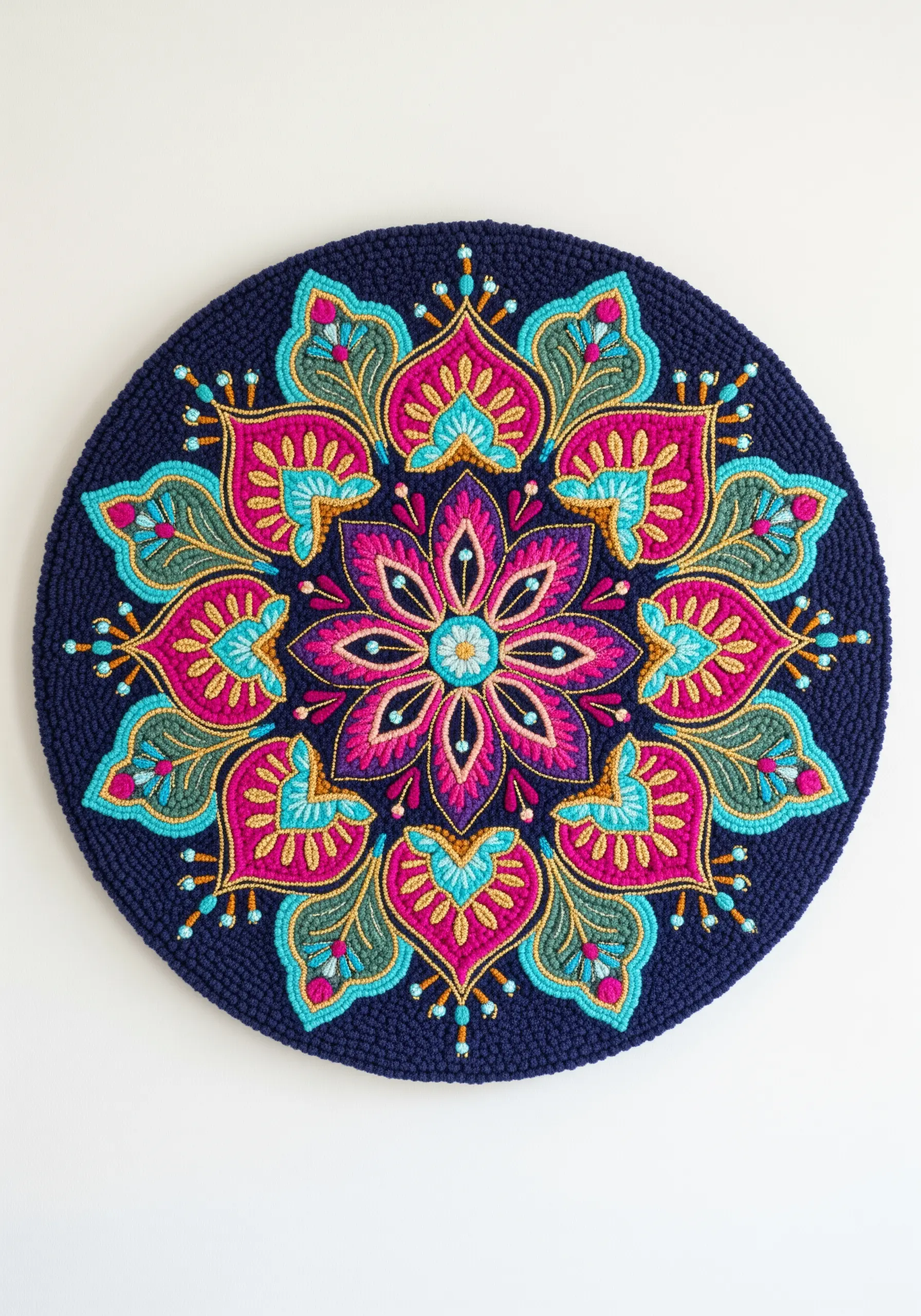 Colorful, high-relief embroidered mandala with dense yarn stitches on a navy background.